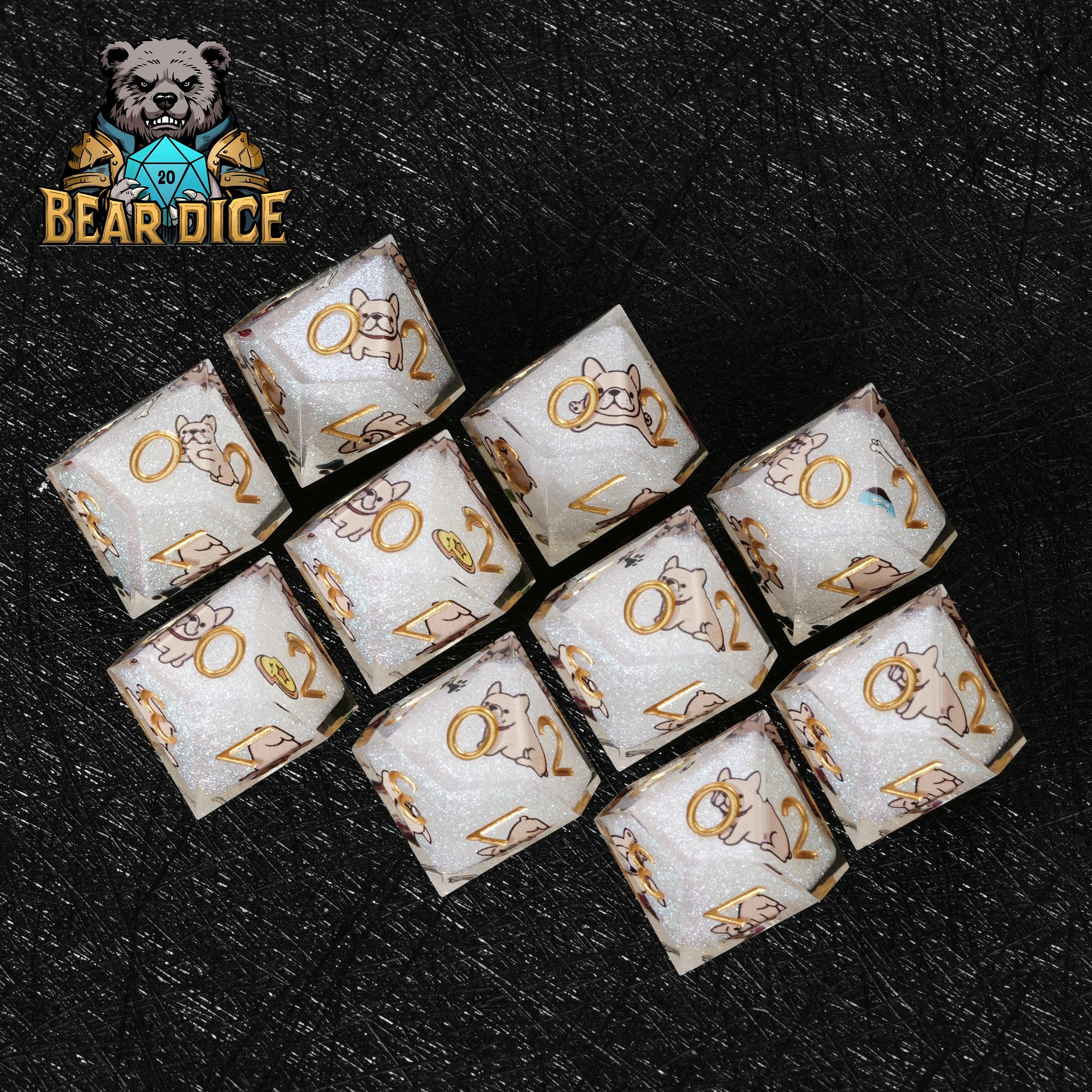 Bulldog White Glitter Resin D10 Dice – D&D RPG Polyhedral Dice