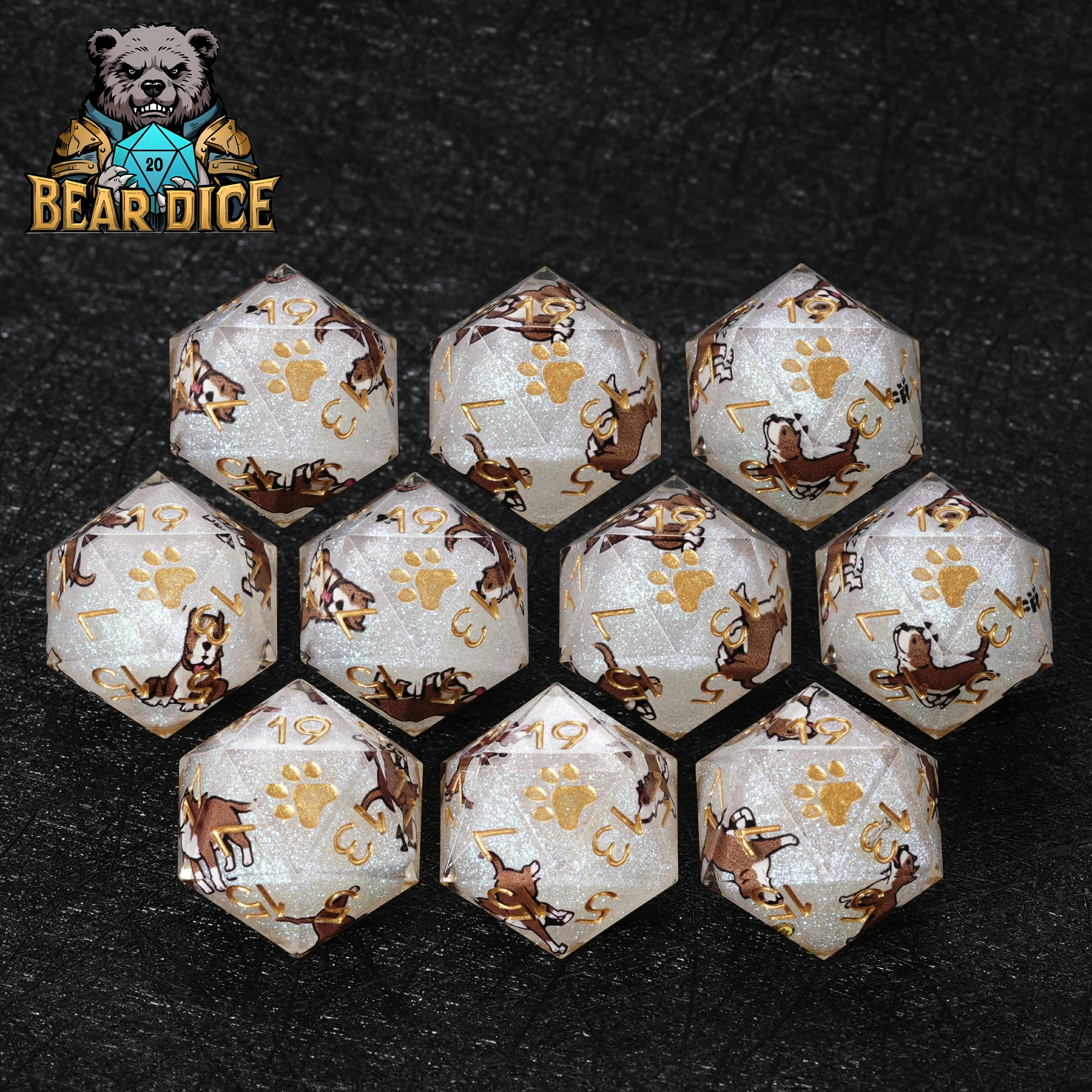 American Pit Bull White Glitter Resin D&D D20 Dice