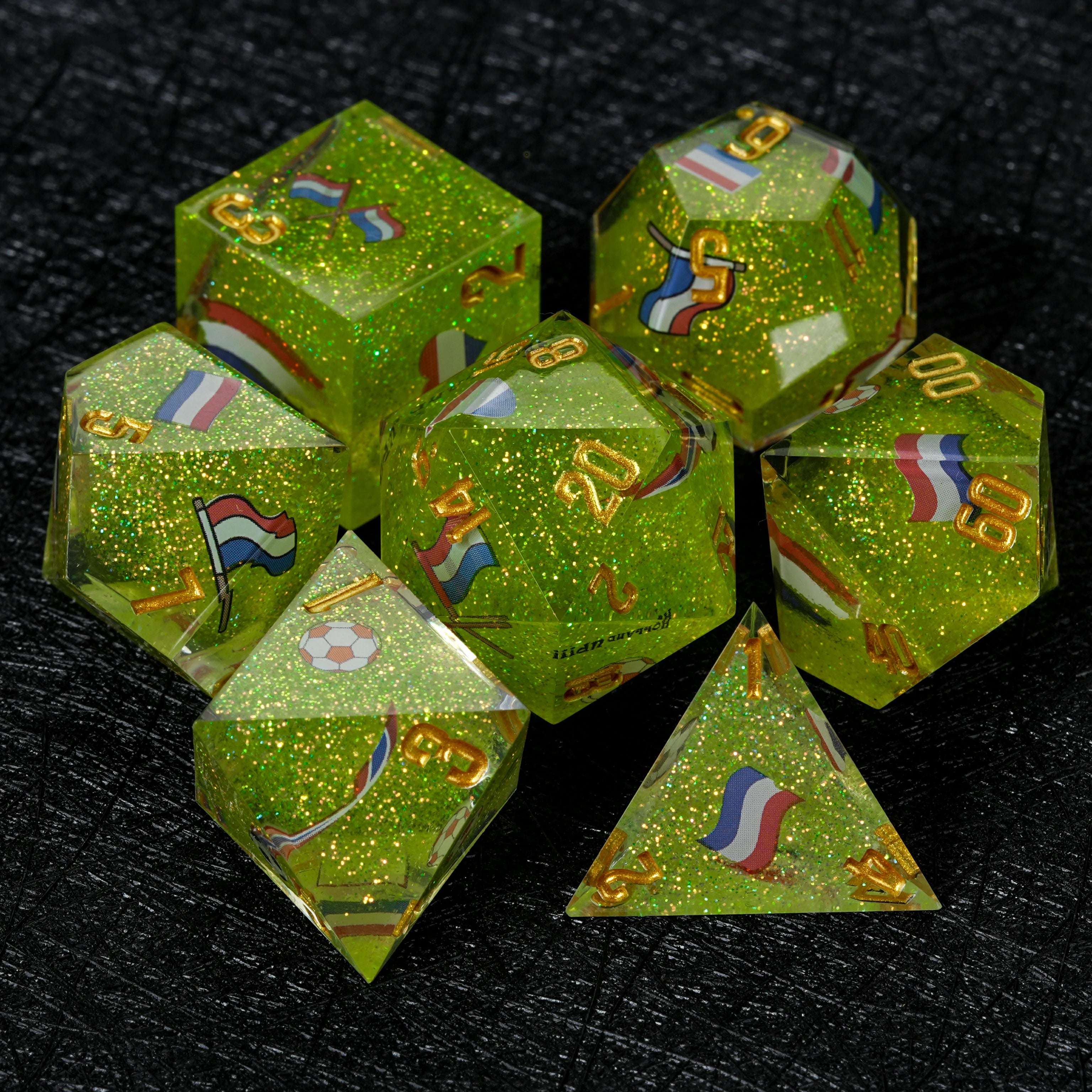 Netherlands Football DND Dice Set | World Cup Kickstarter Green Glitter Resin Dice
