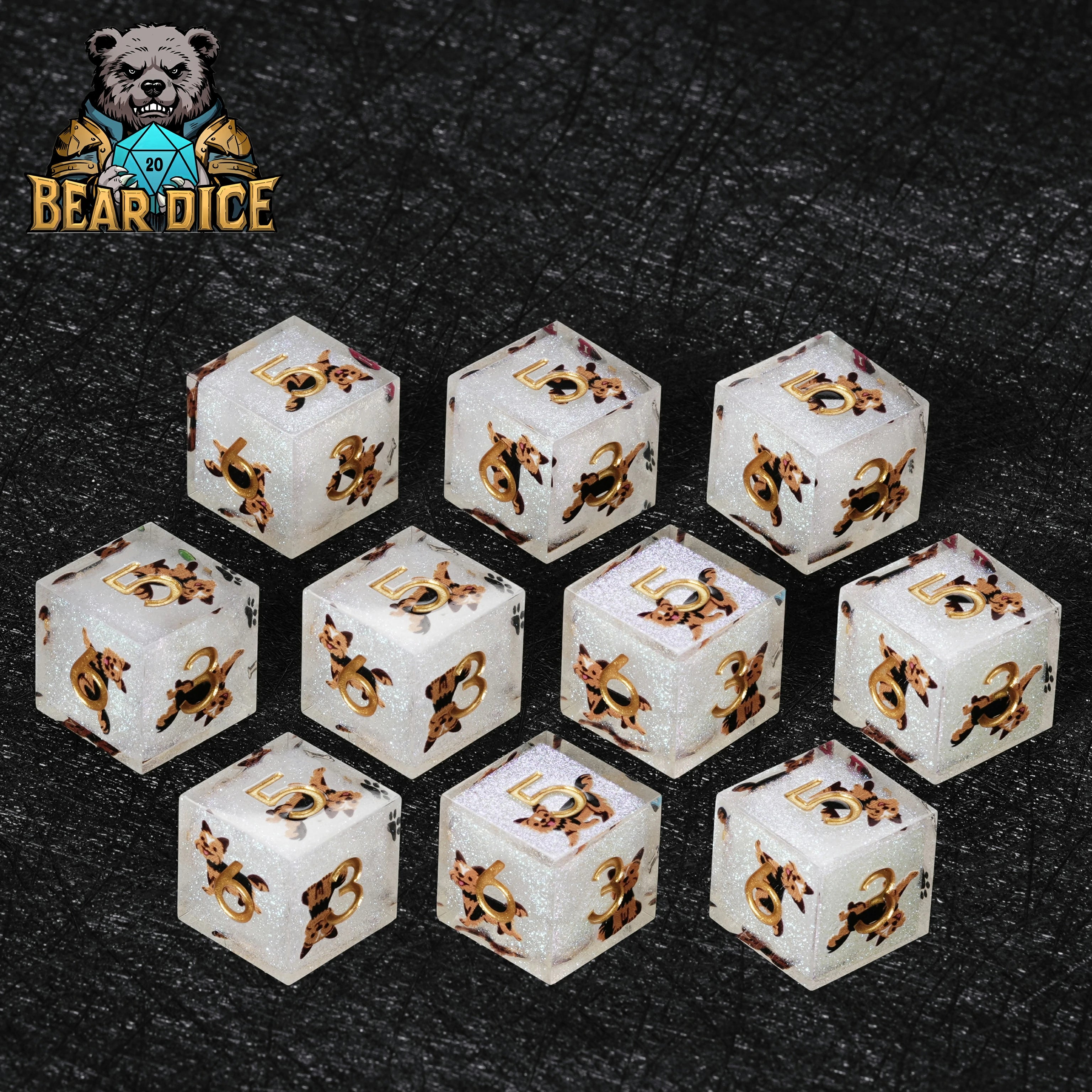 Yorkshire Terrier White Glitter Resin DND D10 Dice | Bear Dice