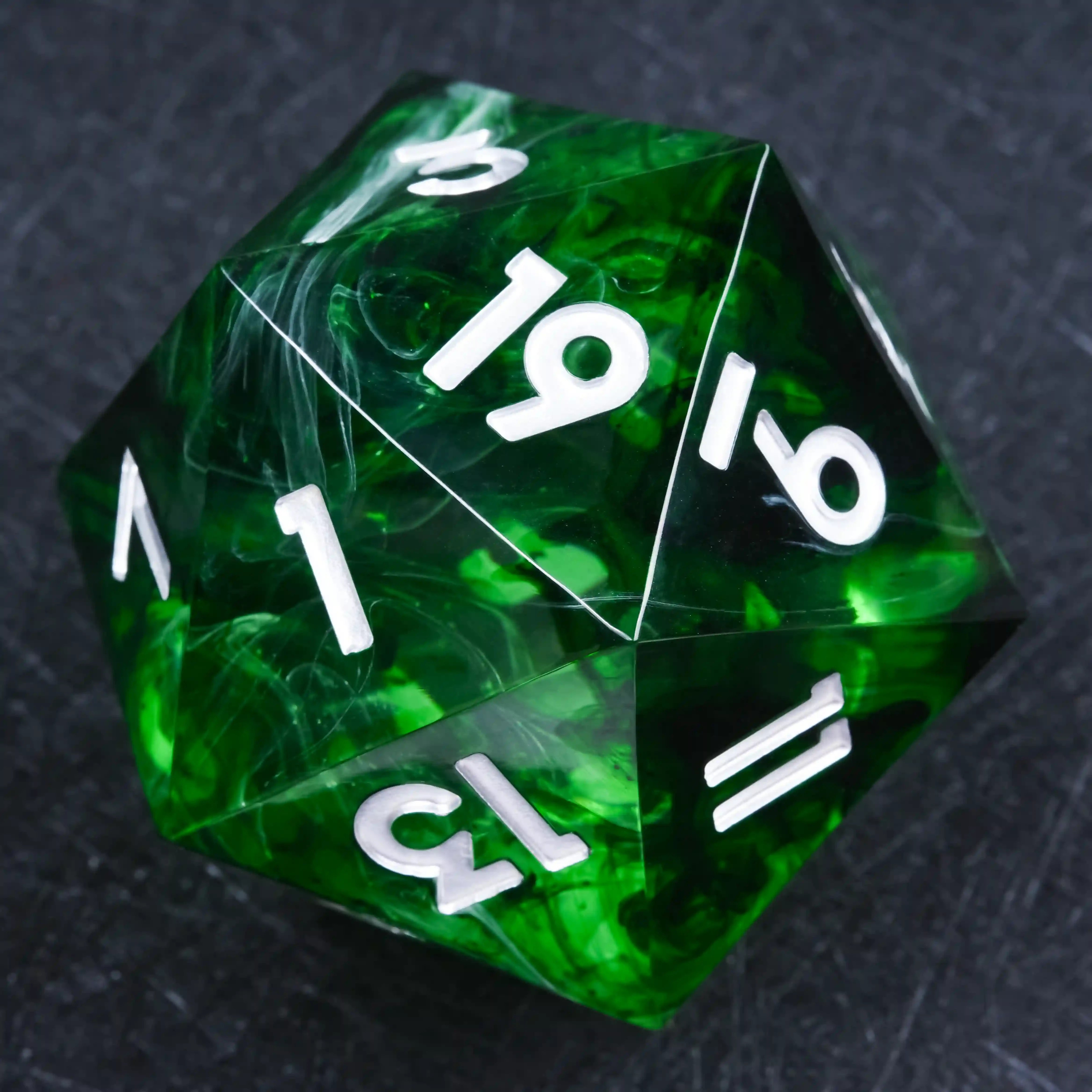35mm Dark Green Swirl Transparent Resin D20 Dice with White Numbers