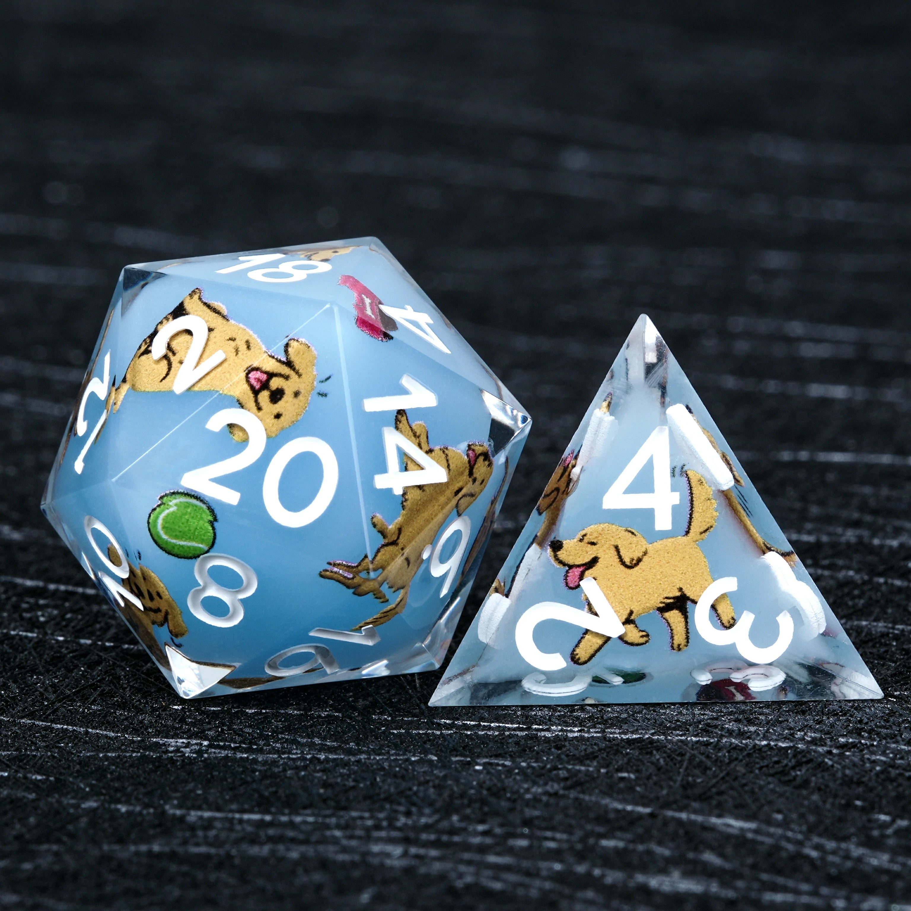 Golden Retriever Light Blue Resin Dice Set | White Numbers for D&D & RPG
