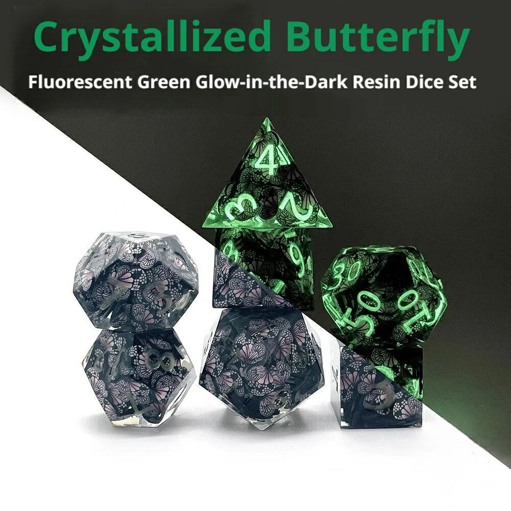 Glow-in-the-Dark Butterfly Transparent Resin DND Dice Set | 7-Piece RPG Dice