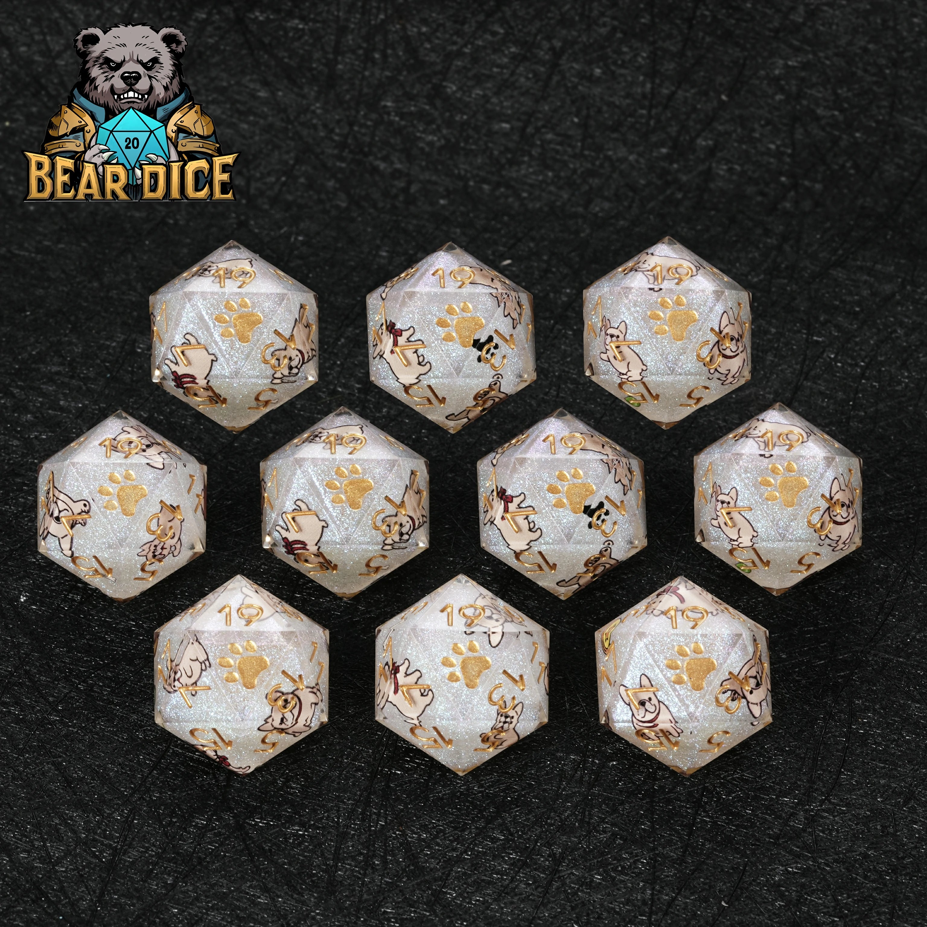 Bulldog White Glitter Resin D&D D20 Dice