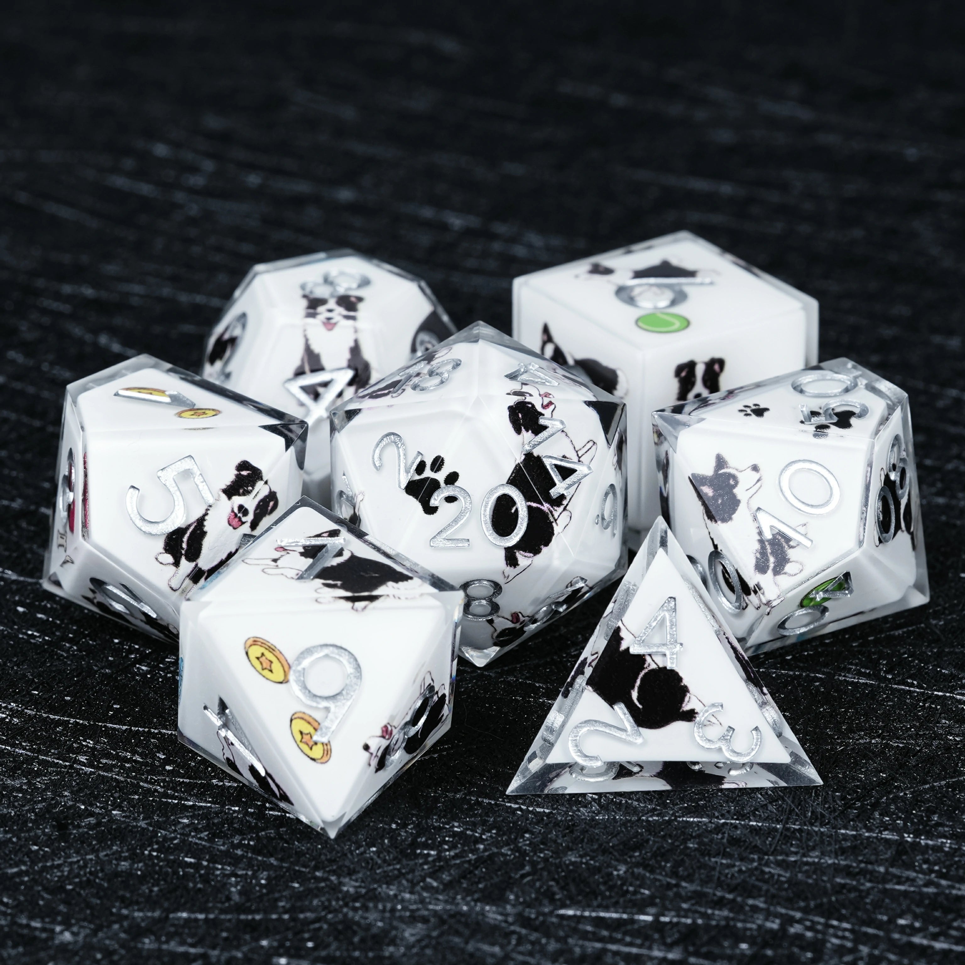 Border Collie White Resin Dice Set | Silver Numbers | D&D RPG Polyhedral Dice