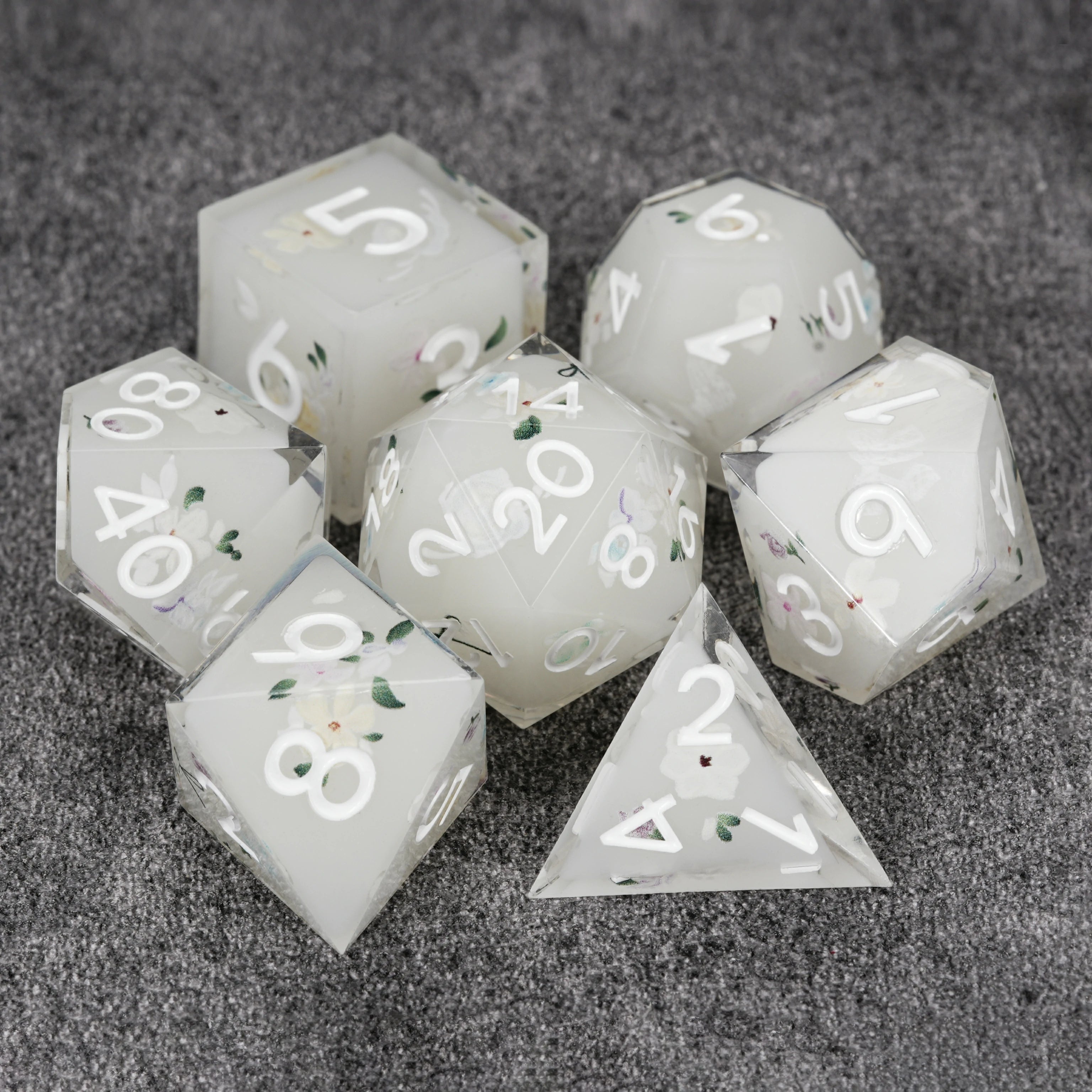 Off-White Resin DND Dice Set | Fresh Floral & Green Leaf Pattern