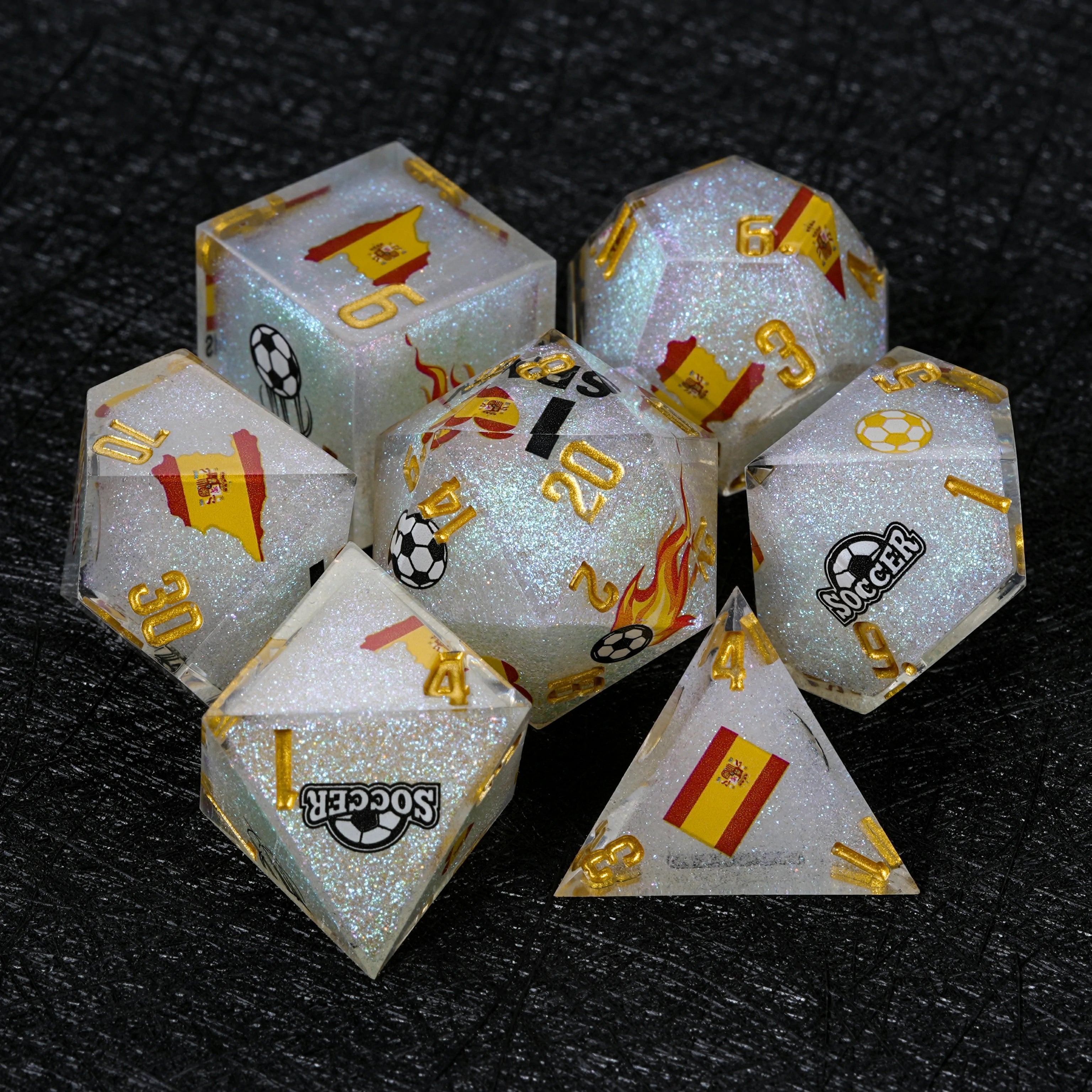 Spain Soccer Resin DND Dice Set – White Glitter World Cup D&D Dice