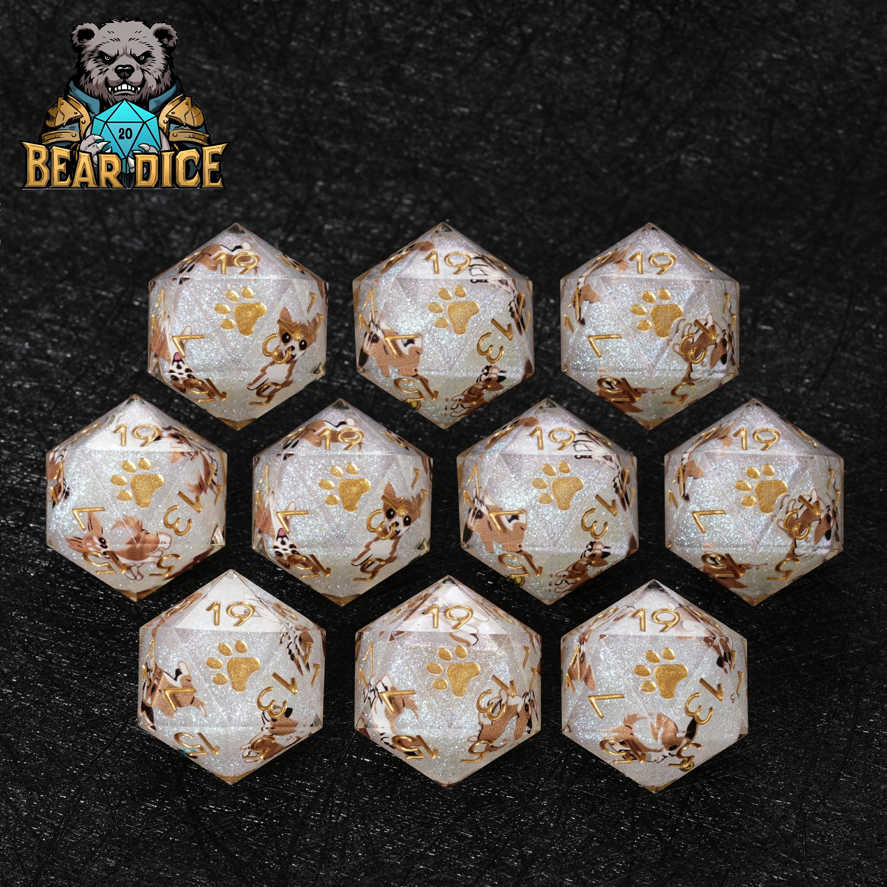Chihuahua White Glitter Resin DND D20 Dice – Handcrafted RPG Polyhedral Set