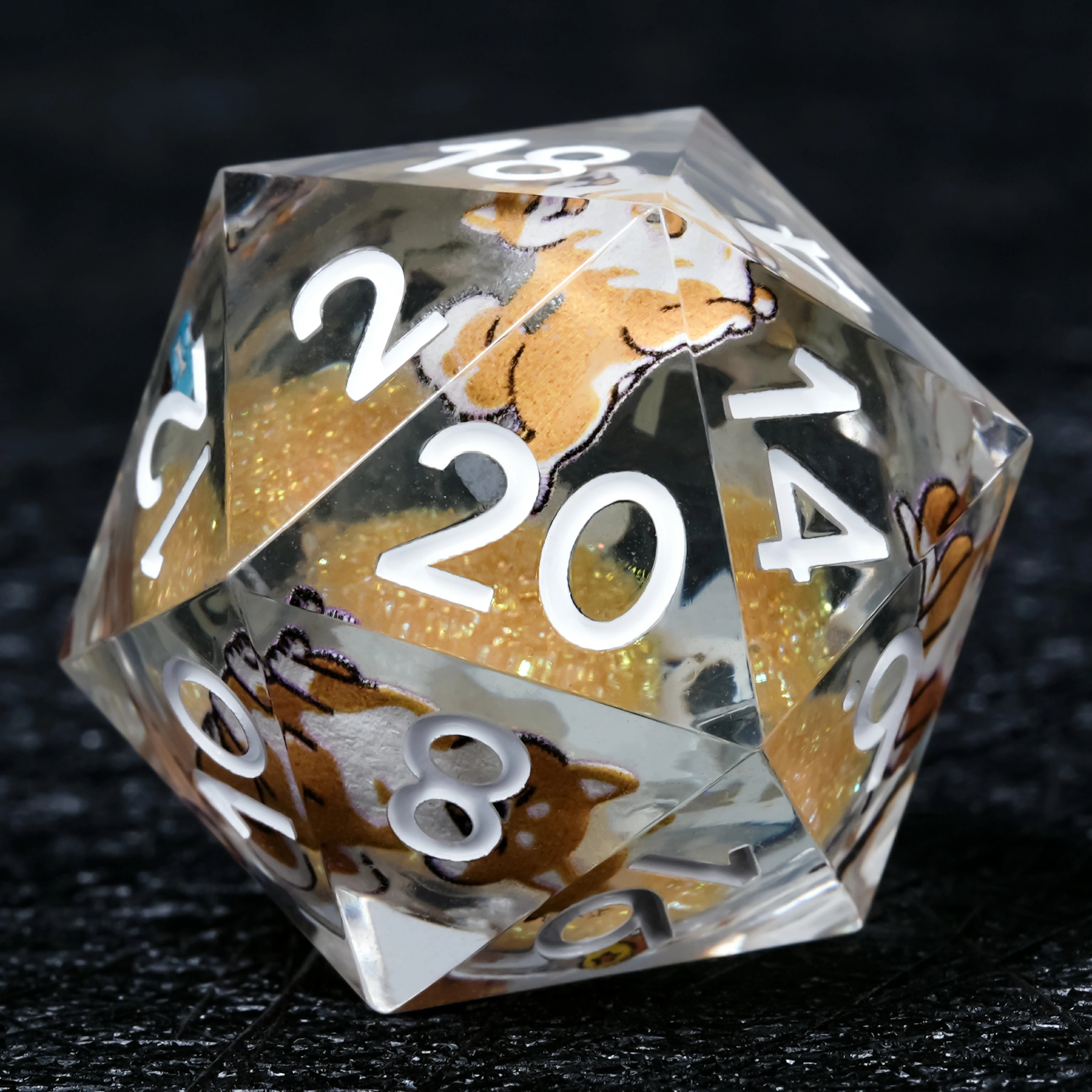 Shiba Inu Orange Liquid Core Resin Dice Set – 7-Piece DnD Polyhedral Dice with White Numbers