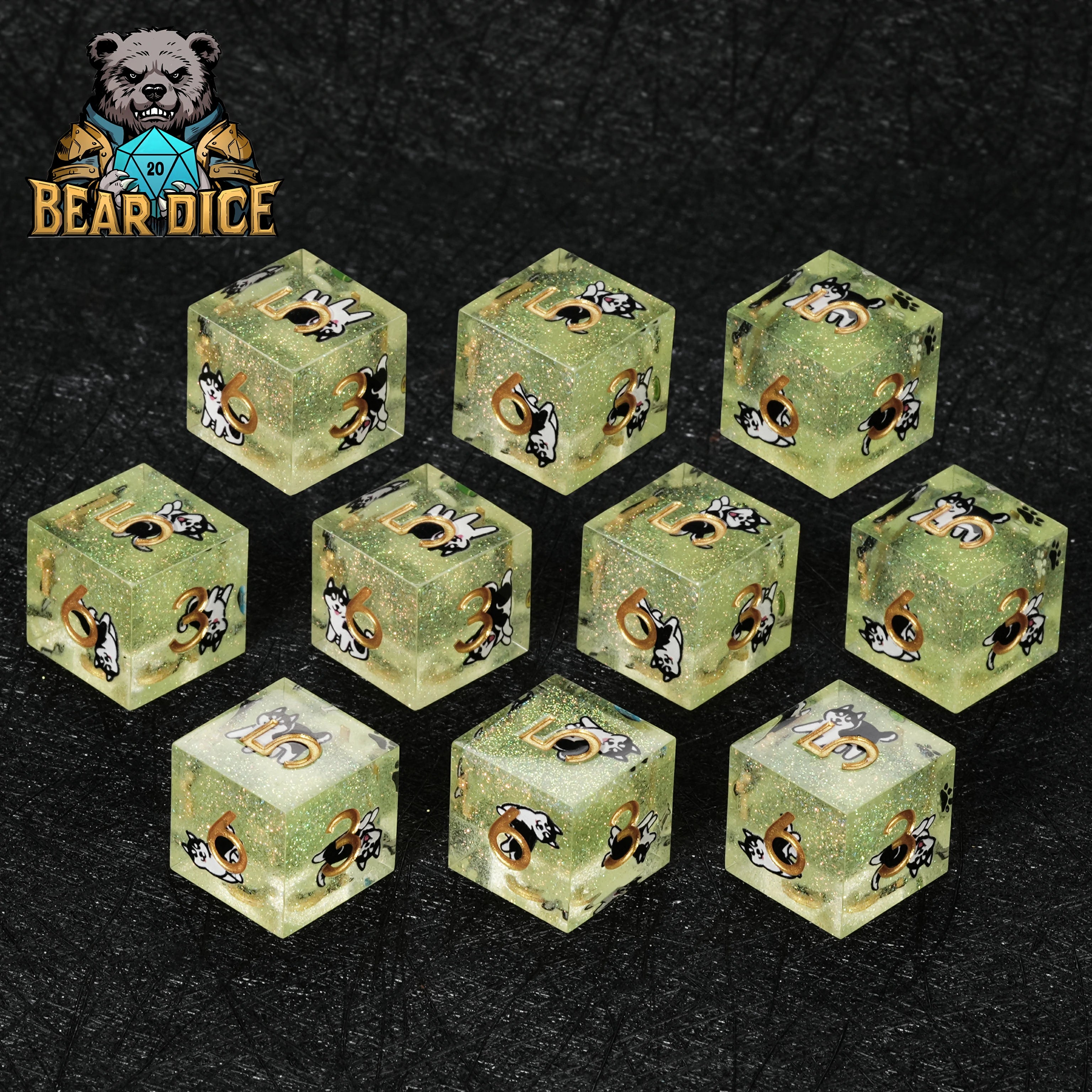 Husky Green Glitter Resin DND D6 Dice Set for D&D RPG Tabletop Games