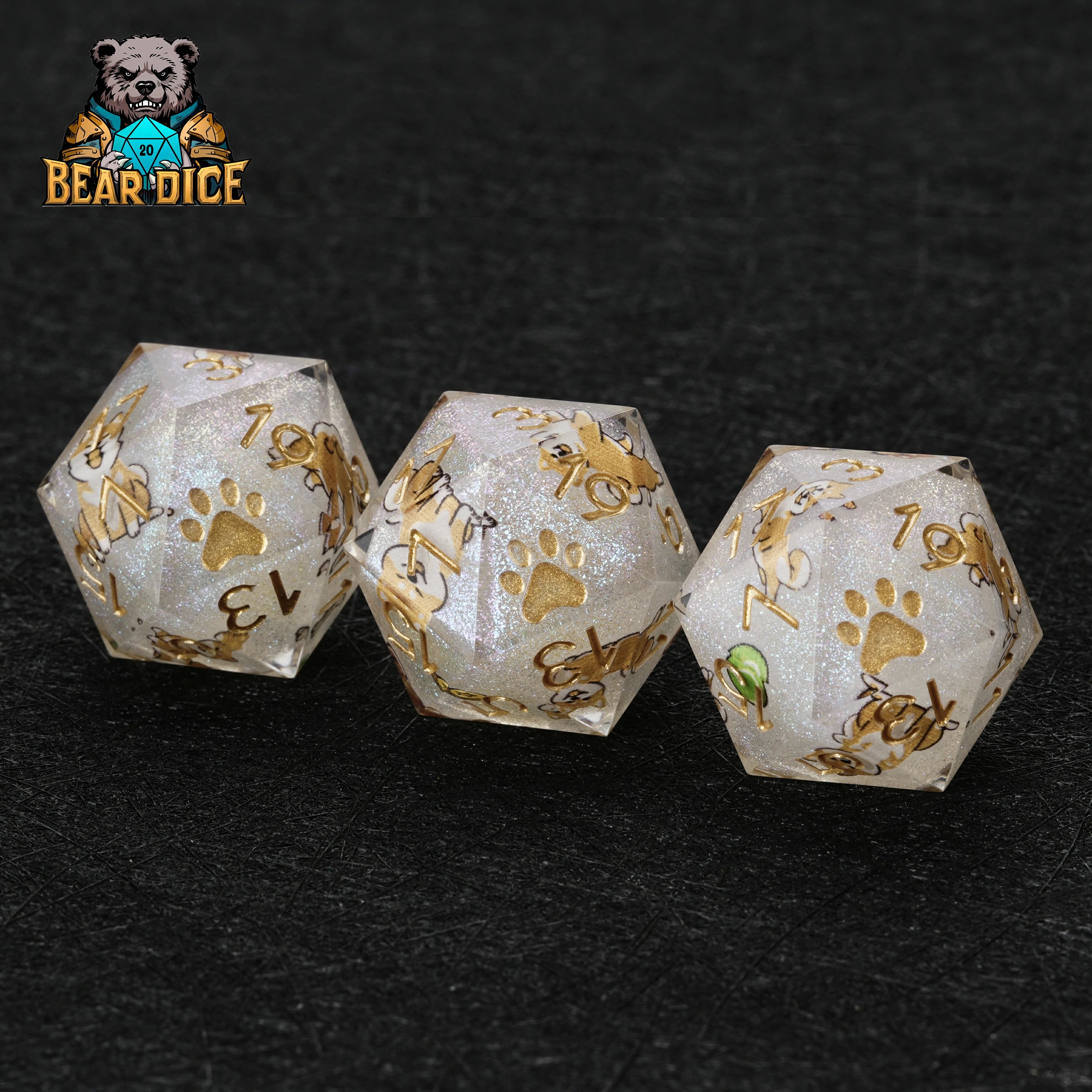 Shiba Inu White Glitter Resin DND D20 Dice | Single D20 for RPG