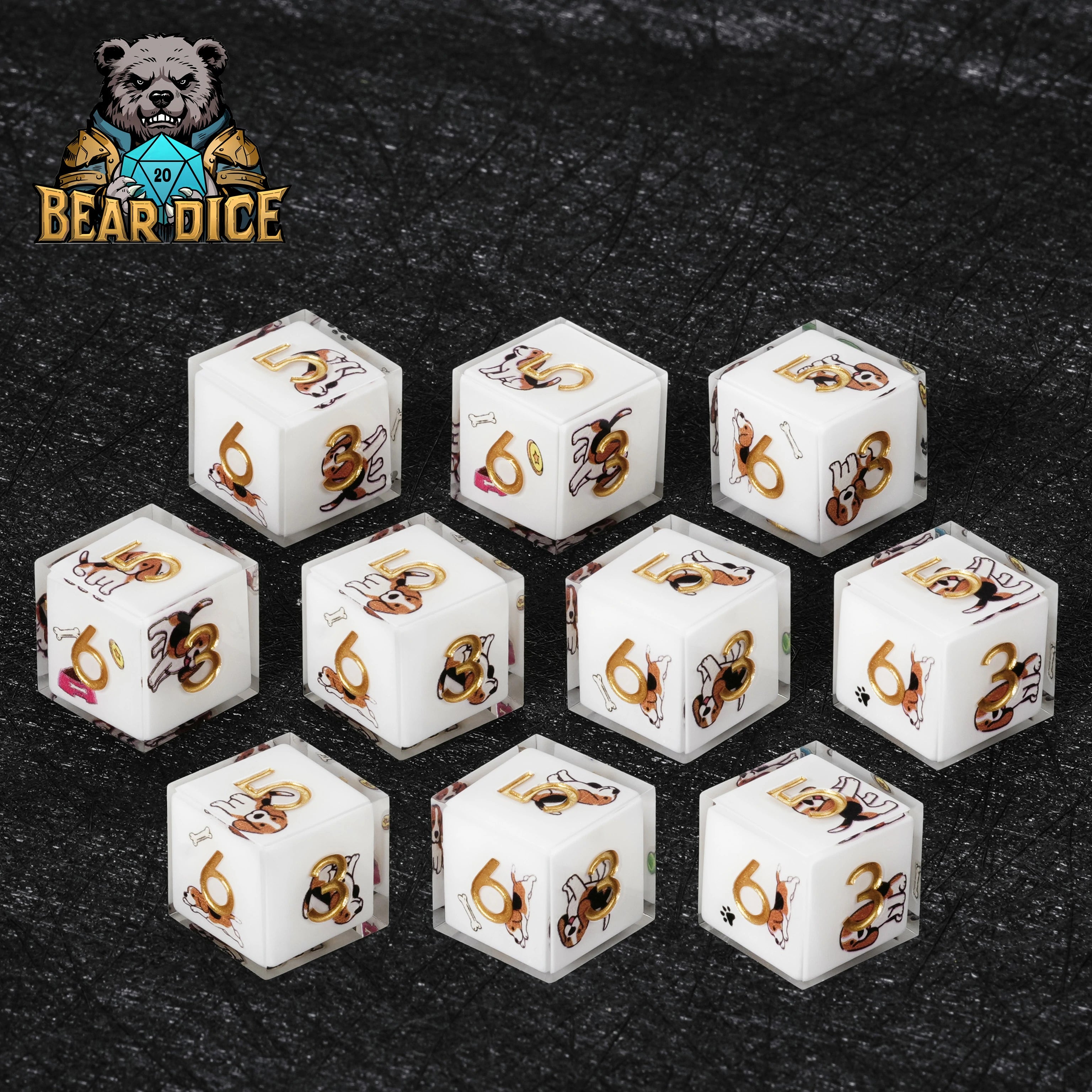 Beagle White Resin D&D D6 Dice | Cute Dog RPG Dice