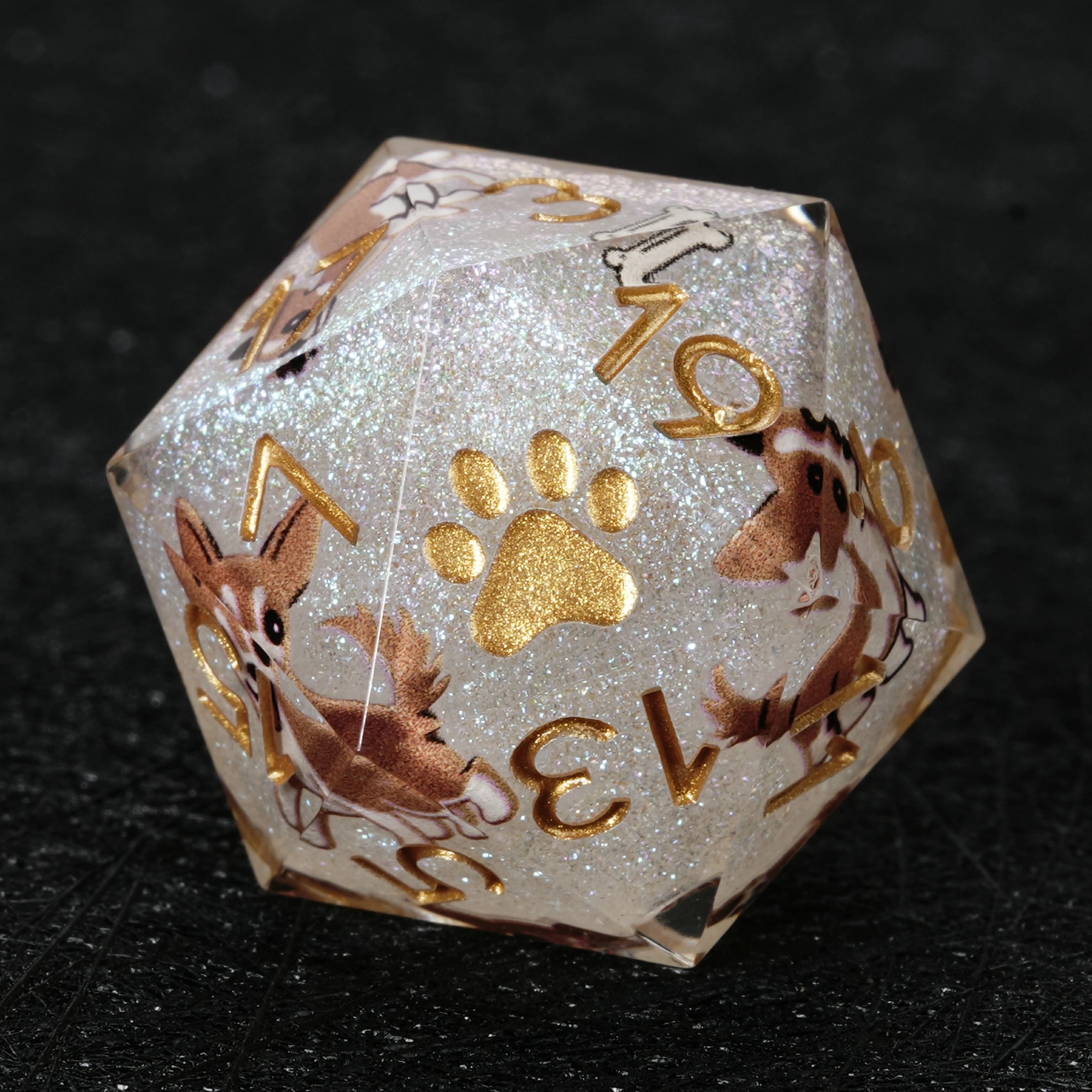 Chihuahua White Glitter Resin DND D20 Dice – Handcrafted RPG Polyhedral Set