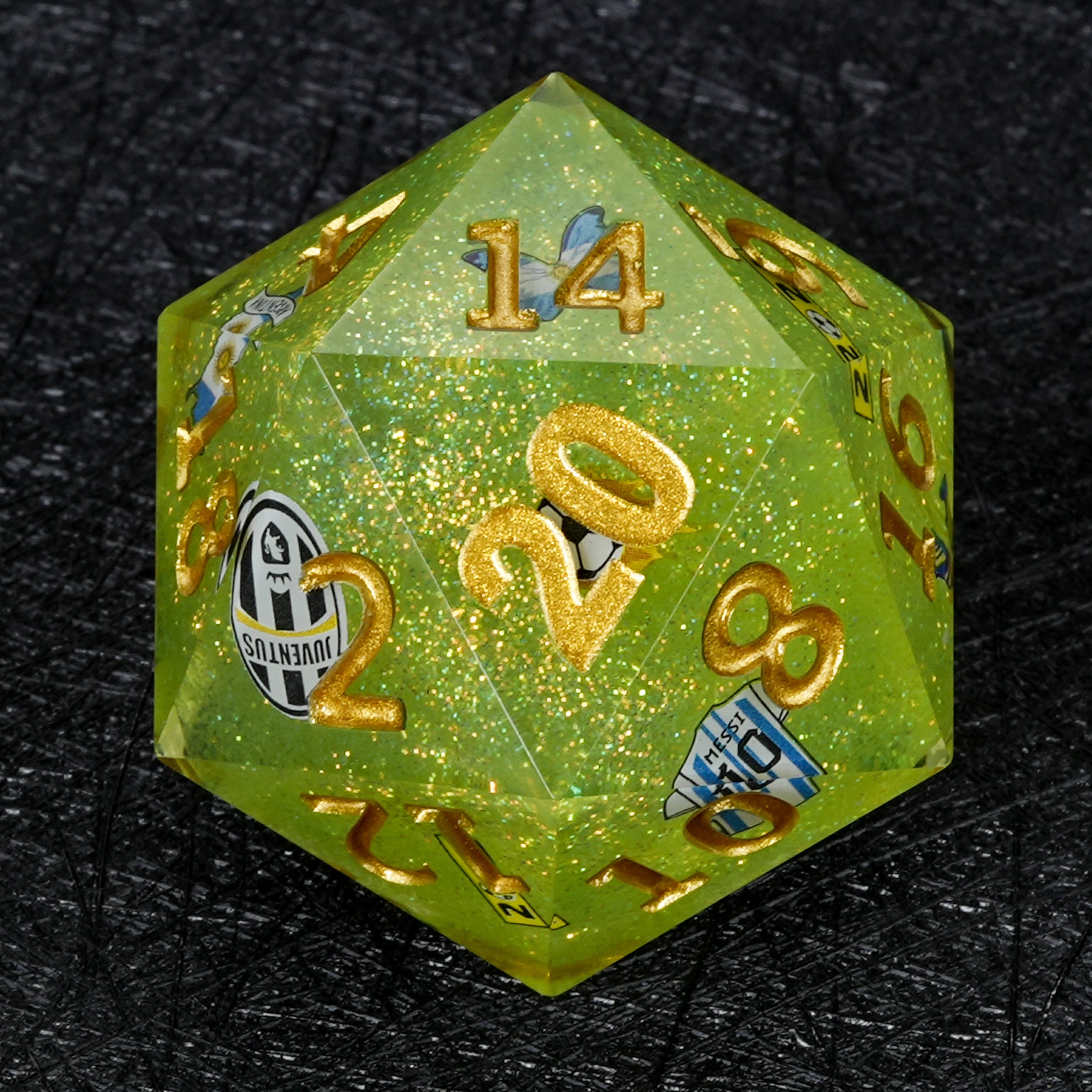 35mm Large D20 Dice – World Cup Argentina Soccer Green Glitter Resin