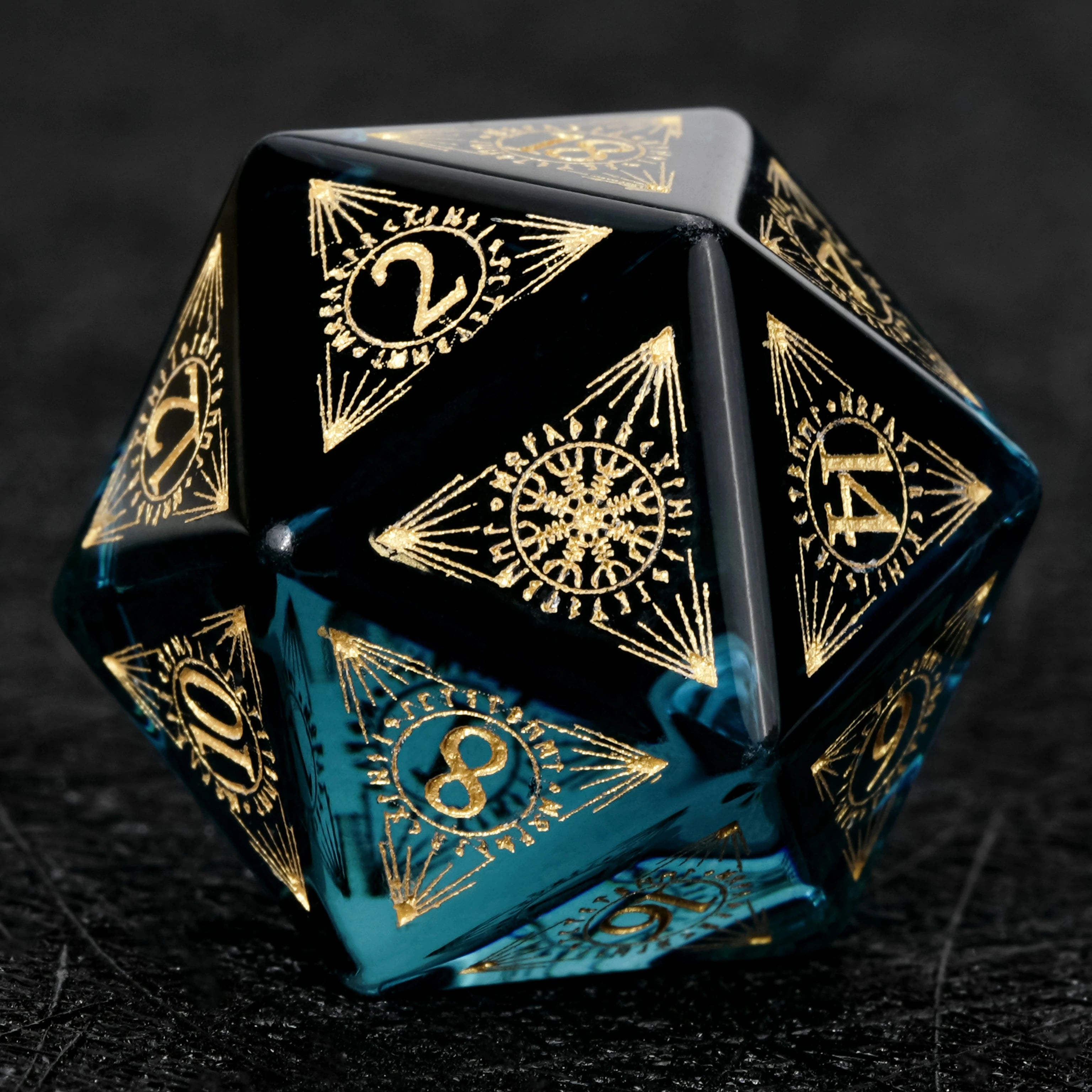 Blue Crystal Glass Dice Set with Gold Magical Runes