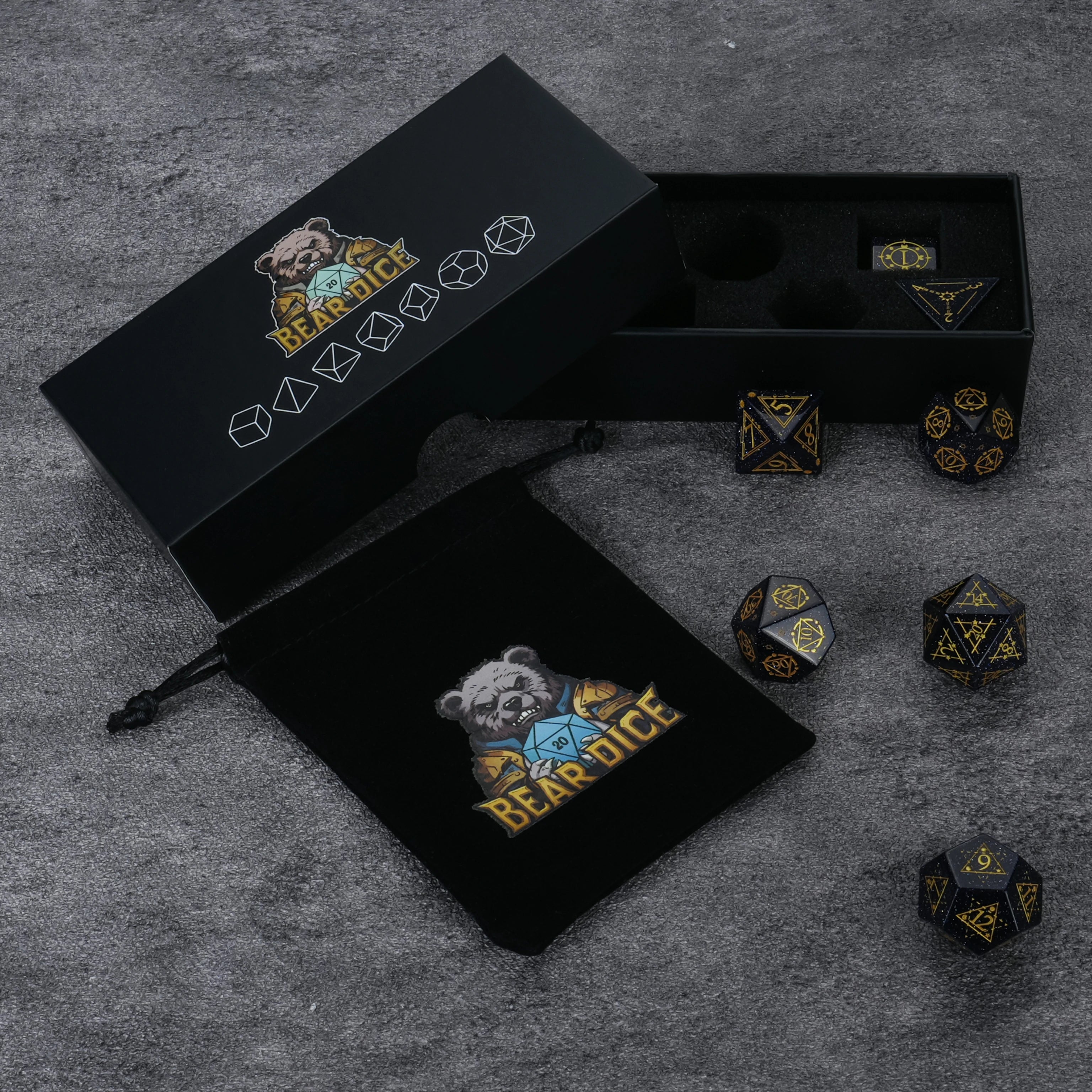 Blue Goldstone Dice Set with Golden Magic Triangle & Star Array
