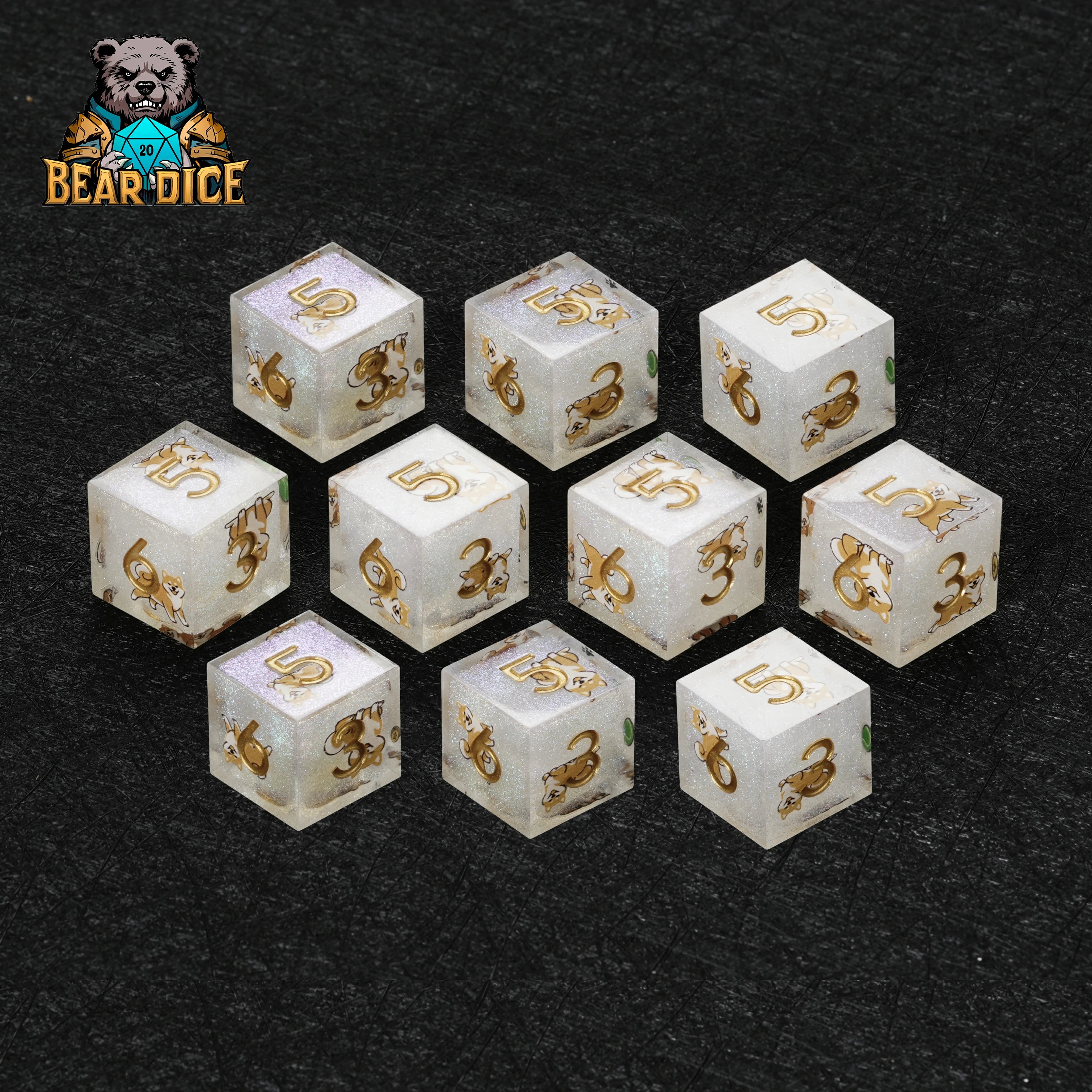 Shiba Inu White Glitter Resin DND D6 Dice | Cute RPG Dice Set