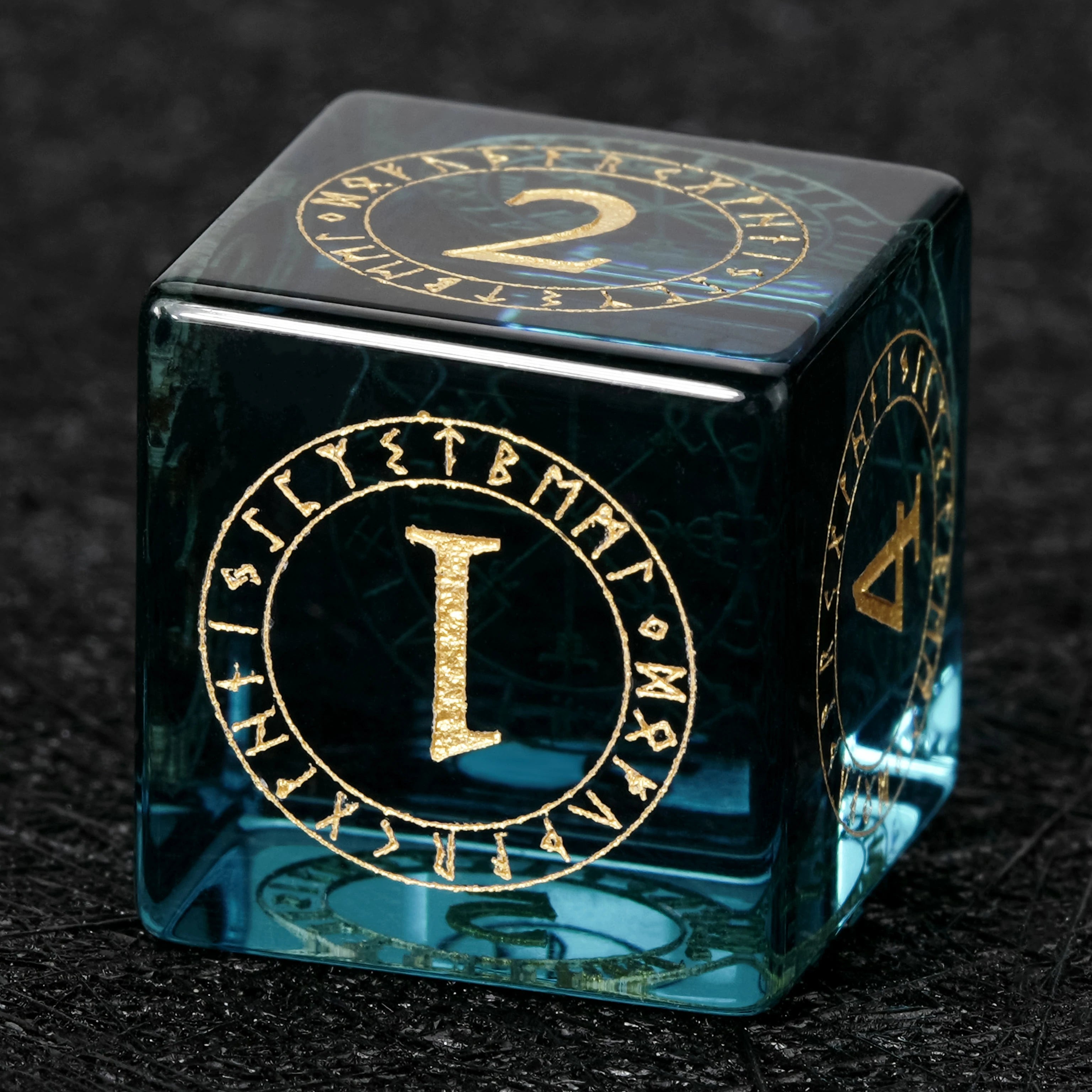 Blue Crystal Glass Dice Set with Gold Magical Runes