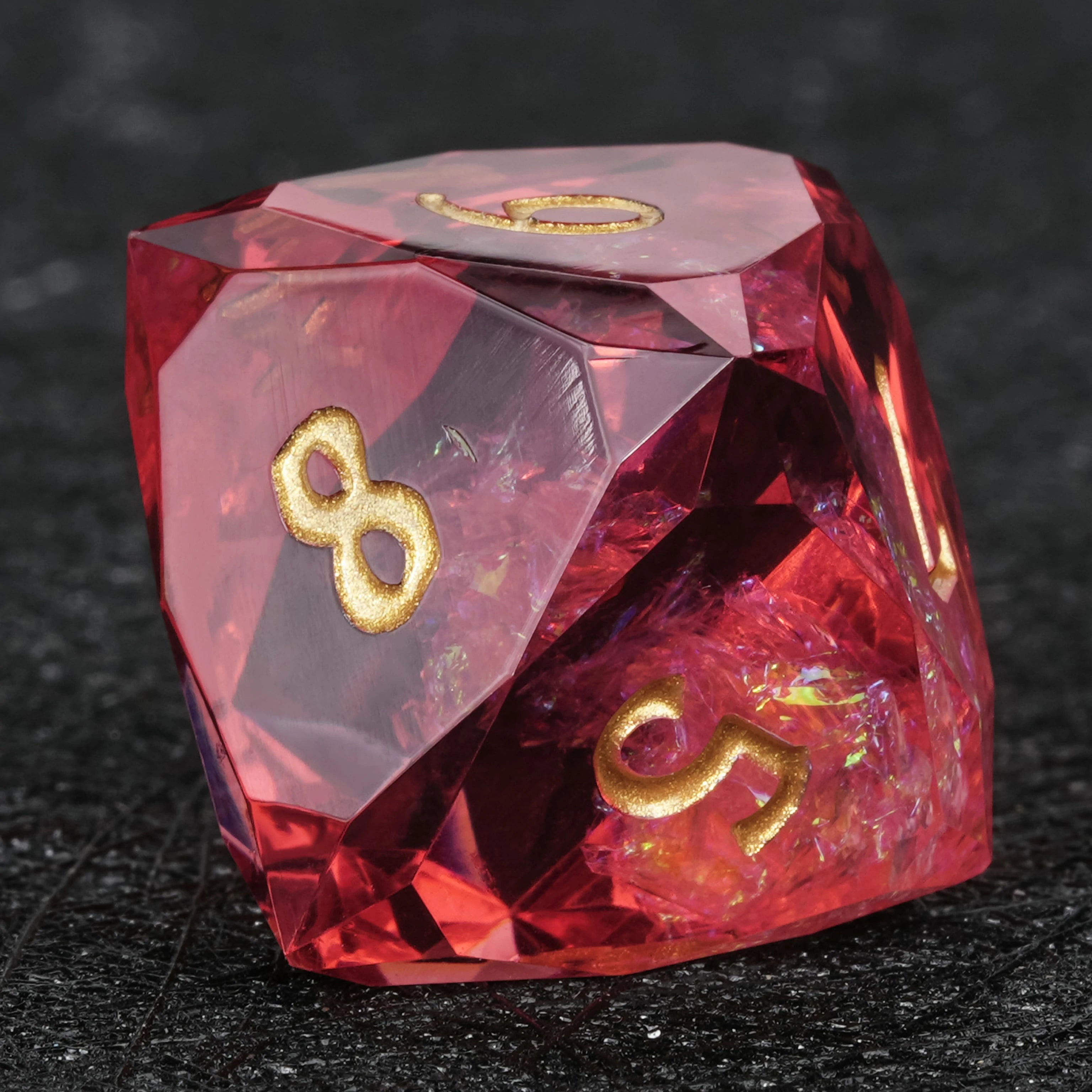 Red resin dice D10 with iridescent foil and gold numbers