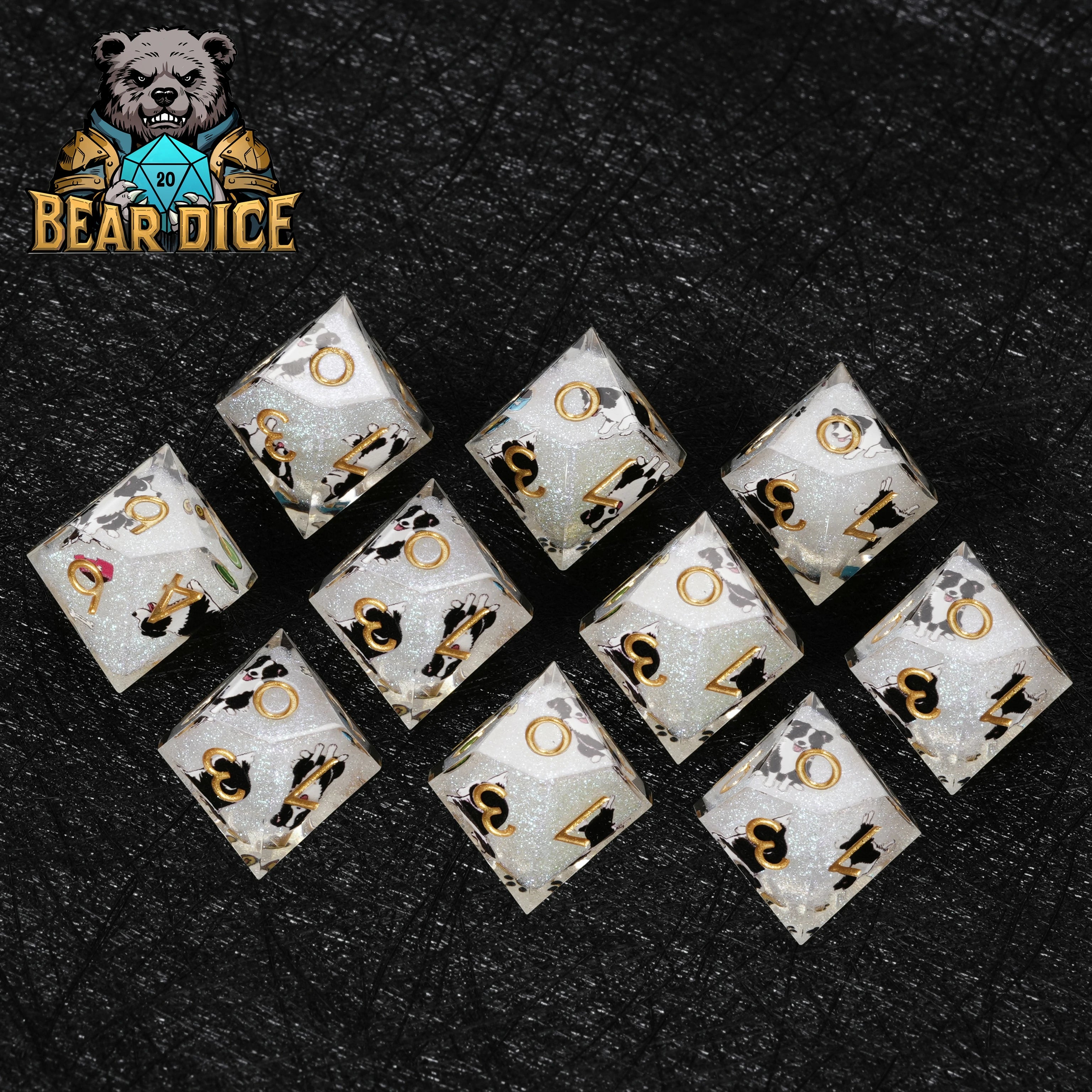 Border Collie White Glitter Resin D10 Dice for D&D & RPG Games