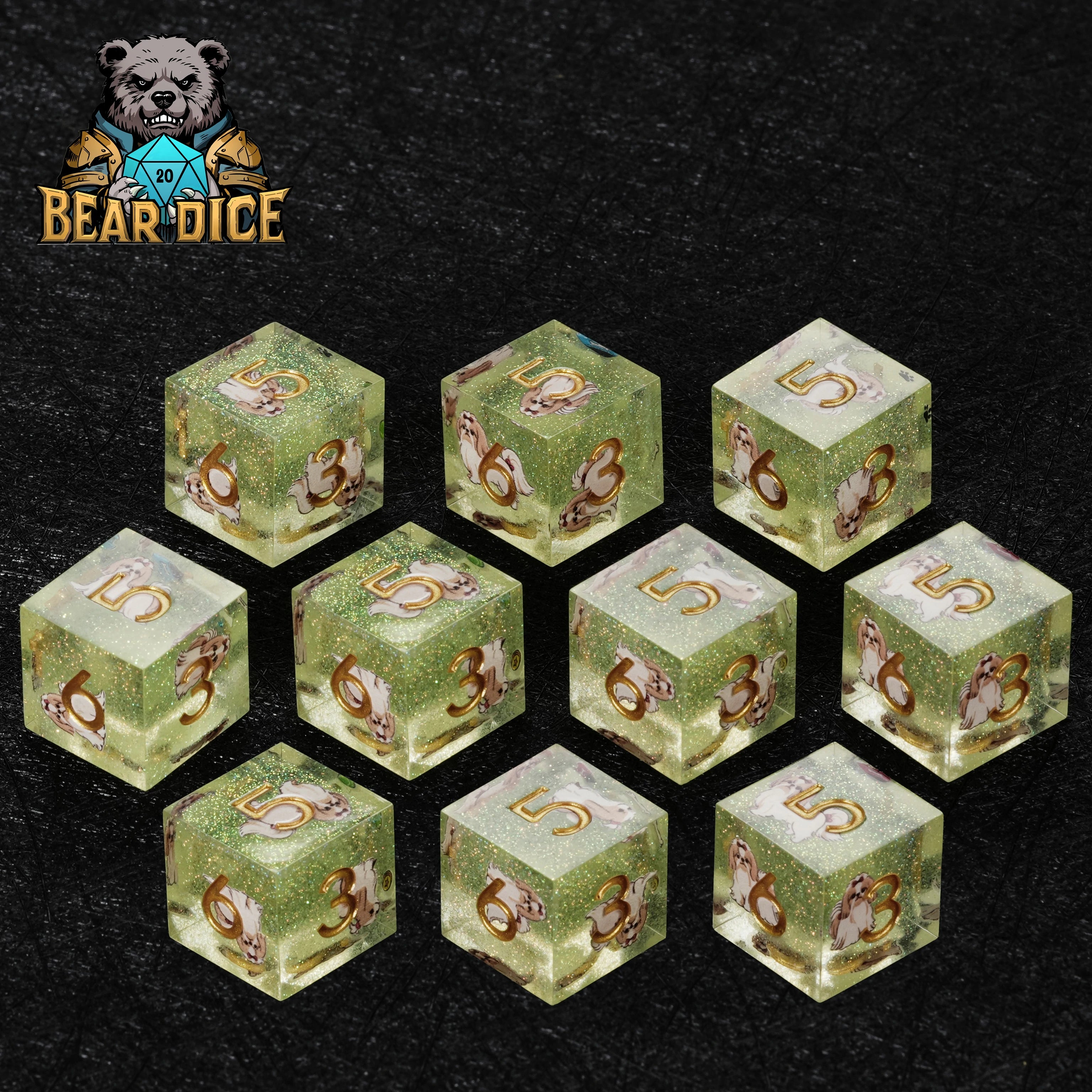 Green Glitter Resin Shih Tzu DND D6 Dice Set – Handcrafted RPG Dice