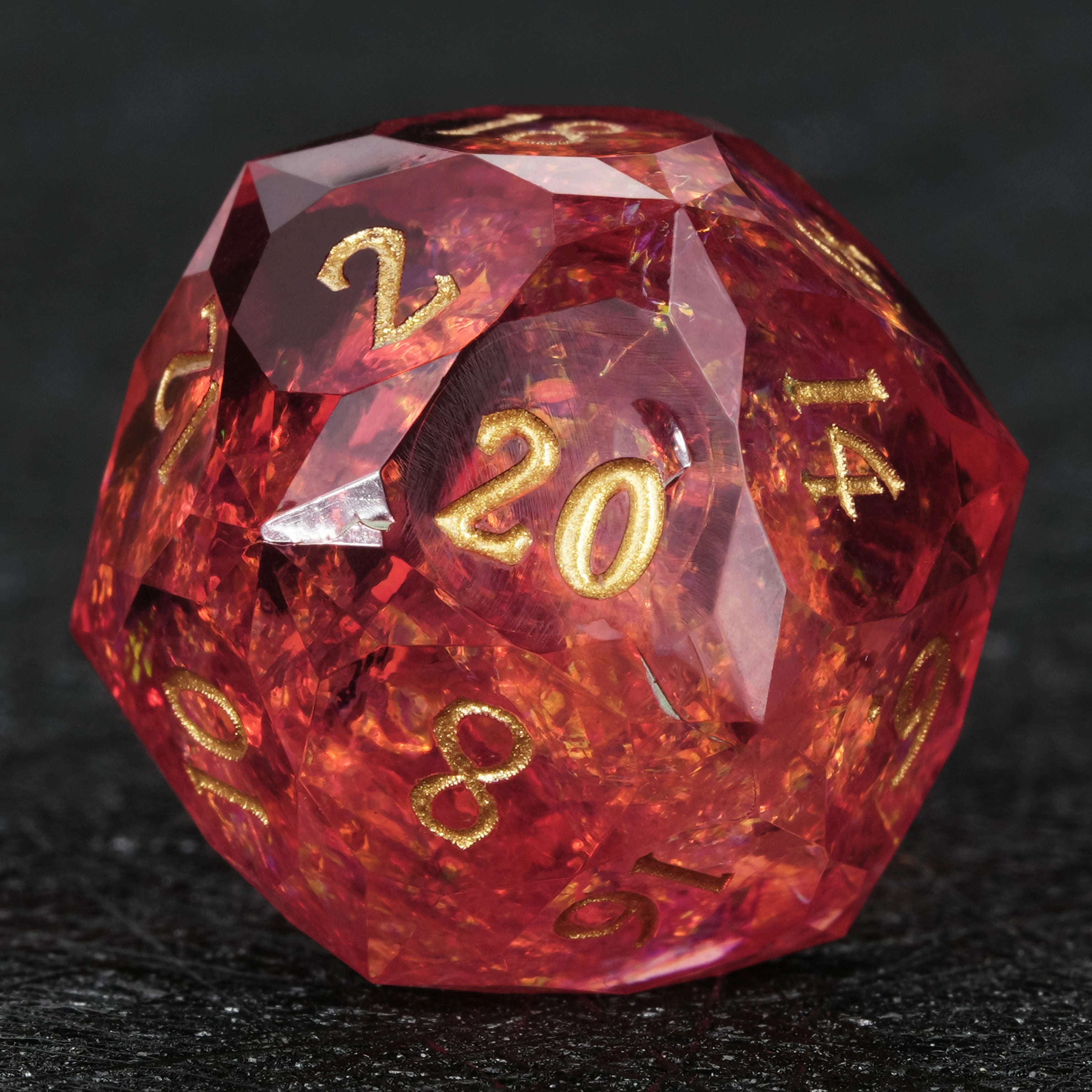 Red resin dice D20 large format close-up