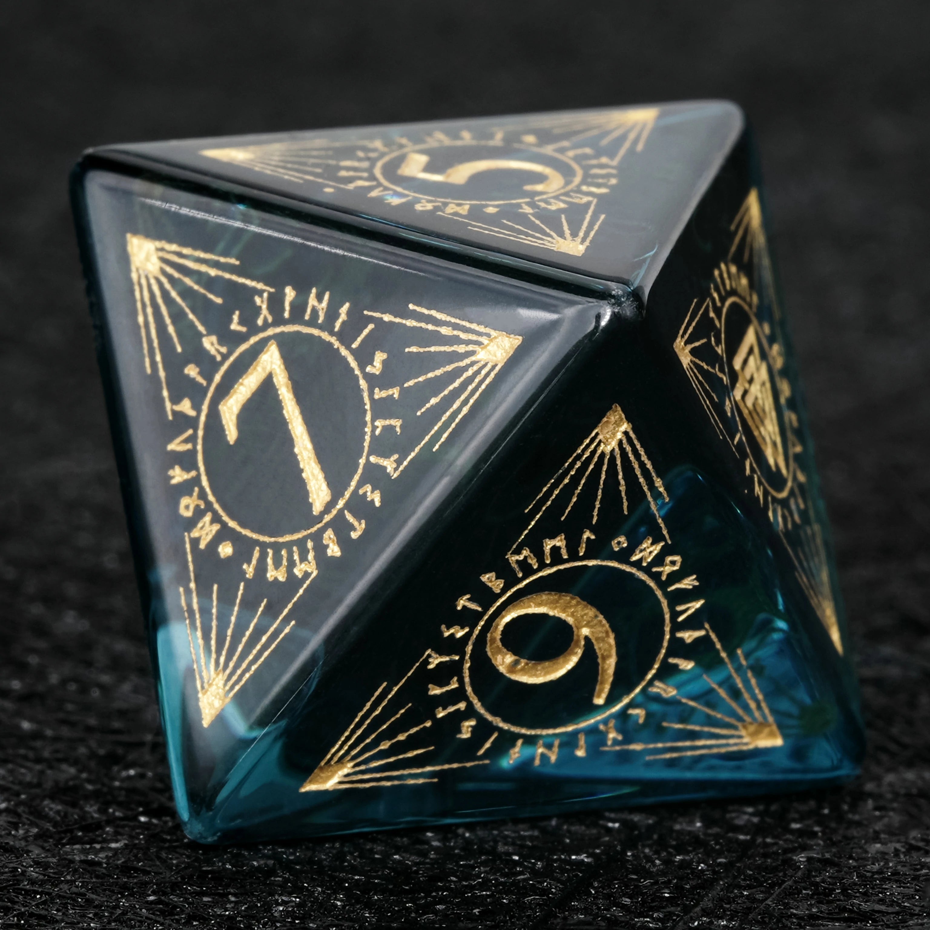 Blue Crystal Glass Dice Set with Gold Magical Runes