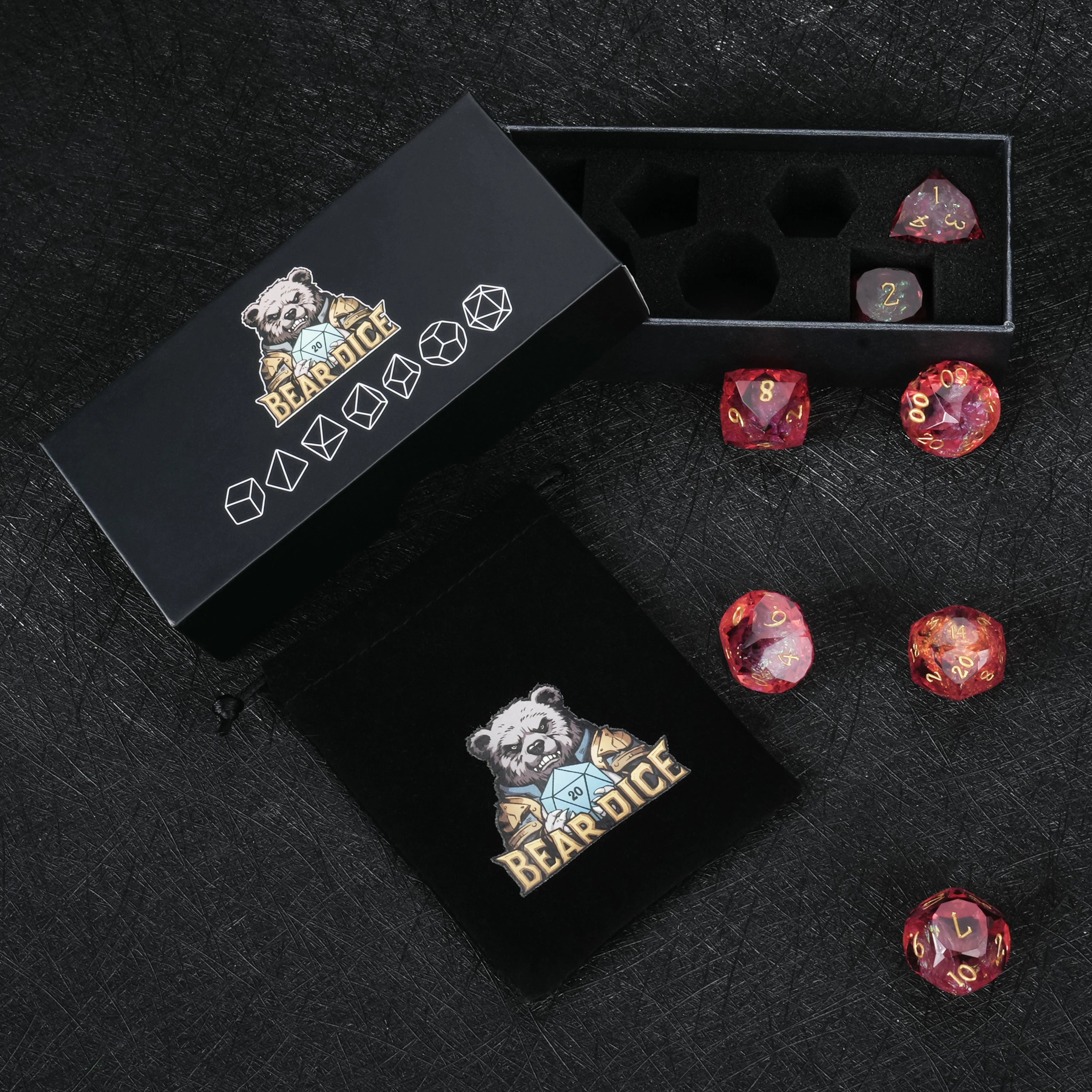 Red Resin DND Dice Set with Iridescent Foil – 7-Piece Handmade RPG Dice