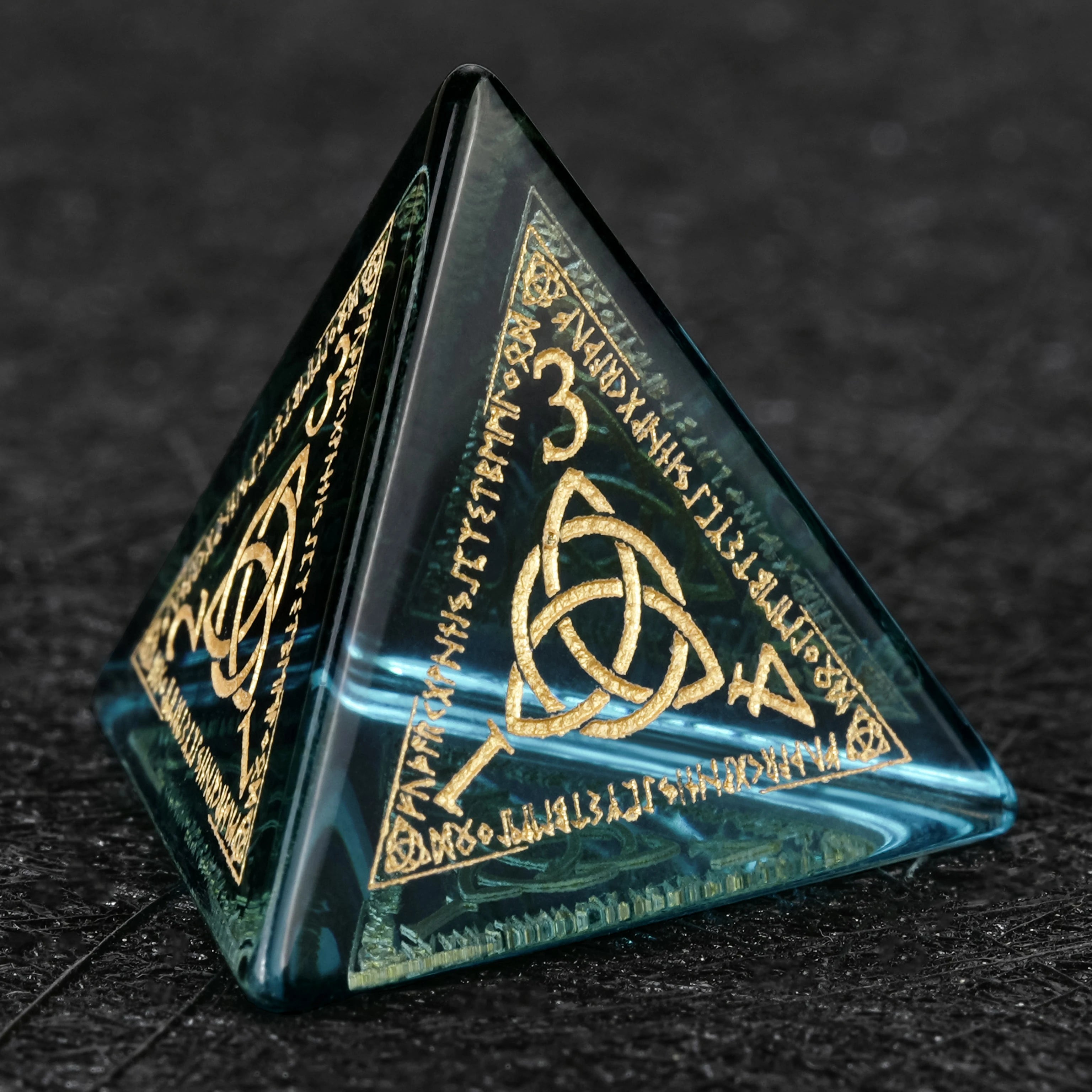 Blue Crystal Glass Dice Set with Gold Magical Runes