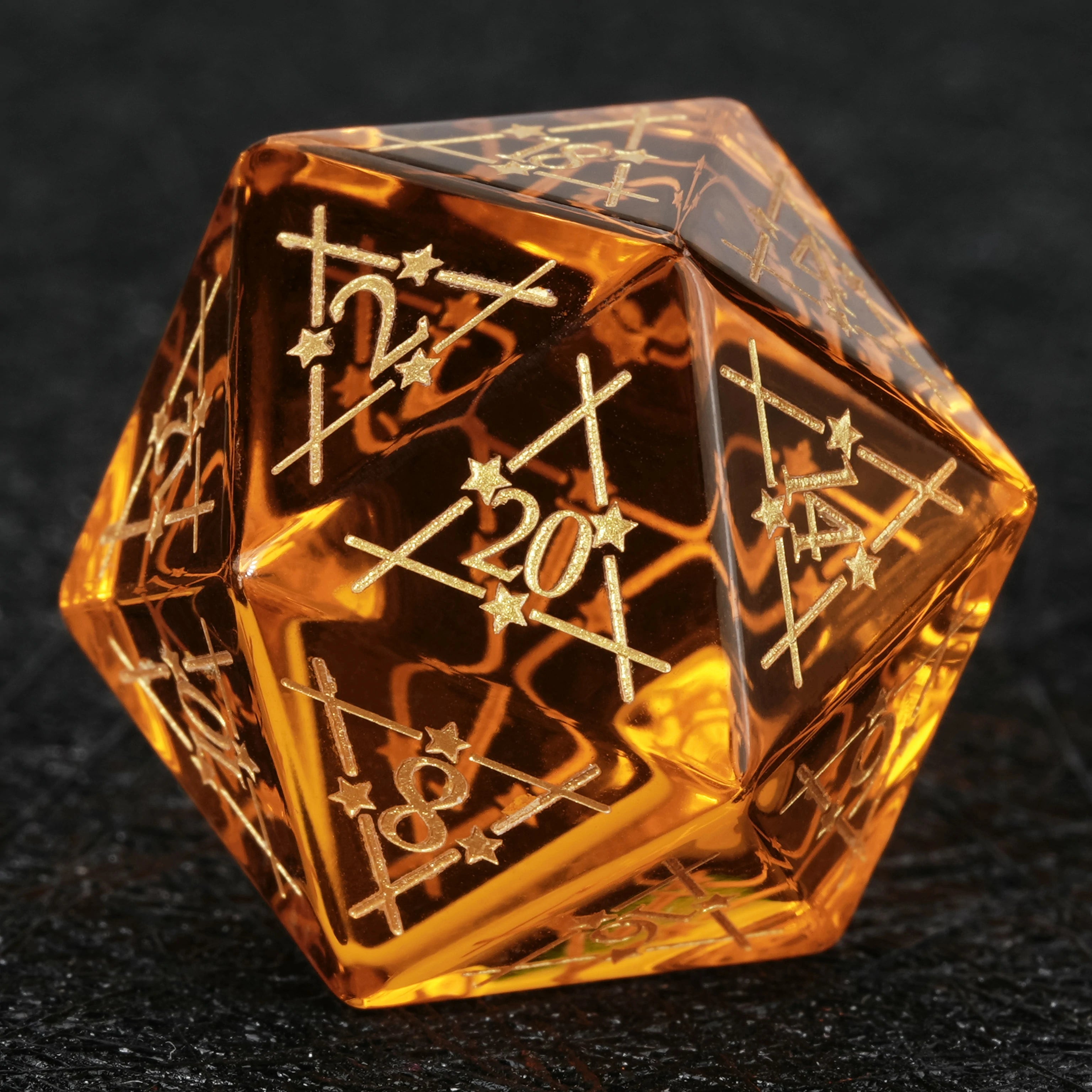 Orange Glass Dice Set with Gold Starburst Constellation Patterns