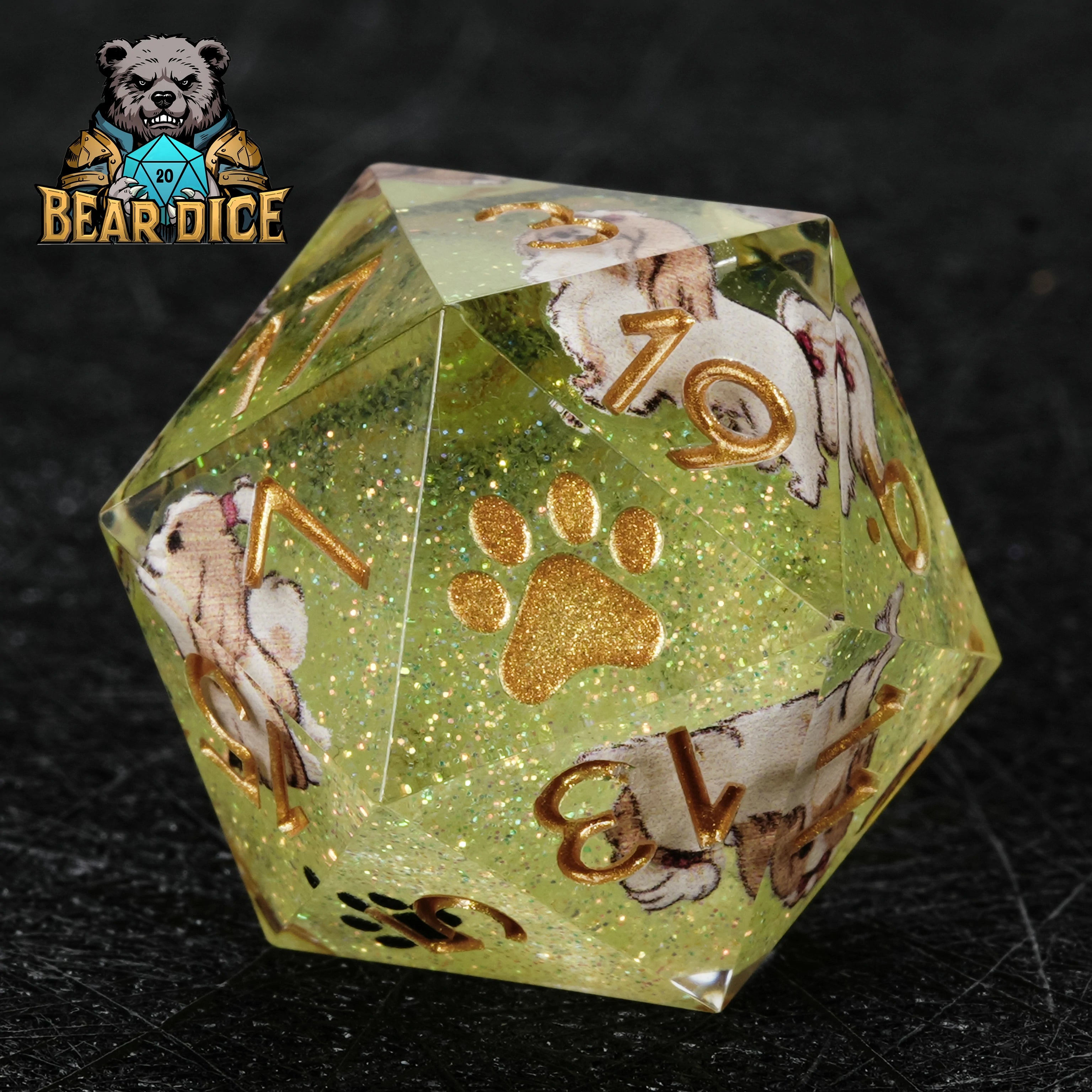 Green Glitter Resin Shih Tzu DND D20 Dice Set – Handcrafted RPG Dice