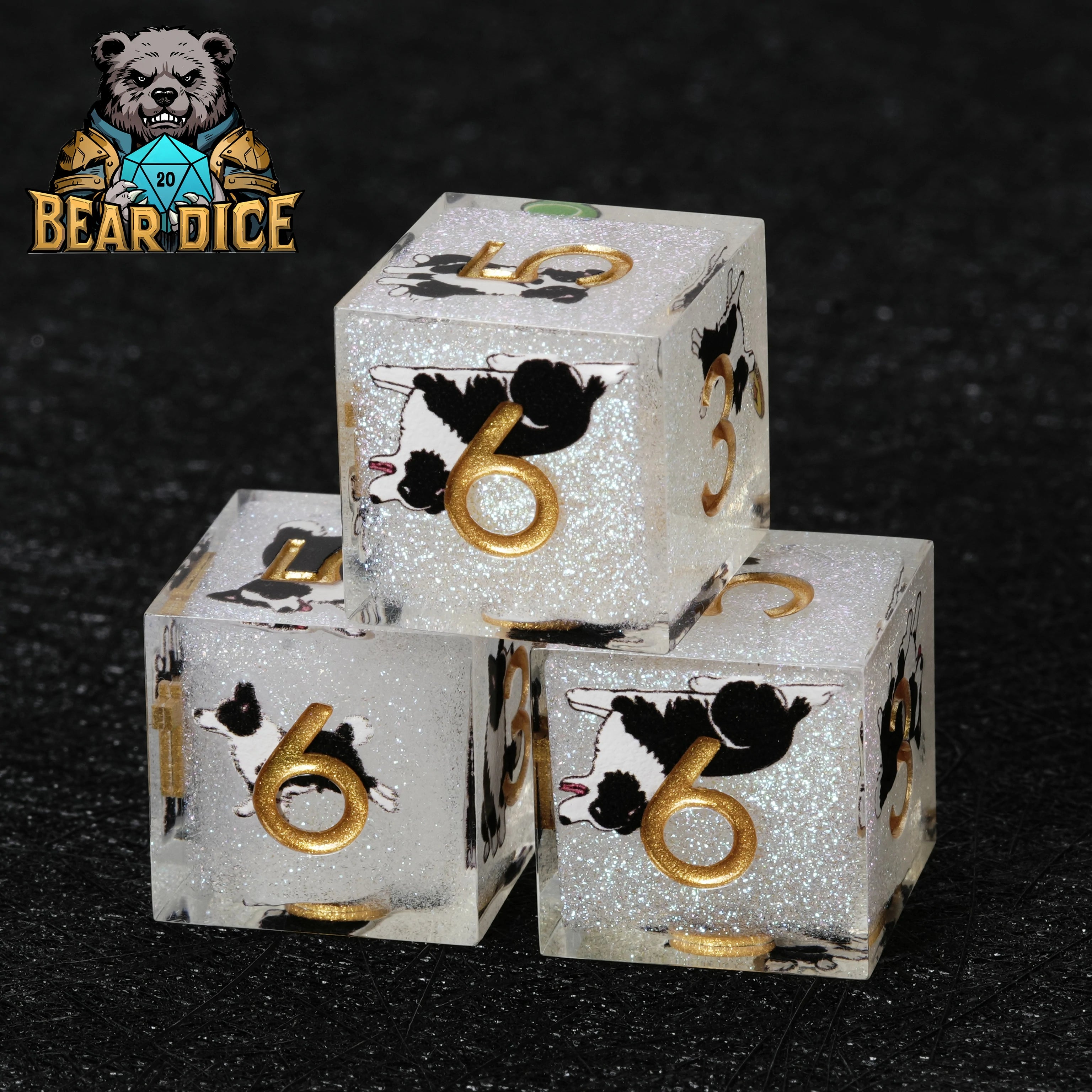 Border Collie White Glitter Resin D&D D6 Dice