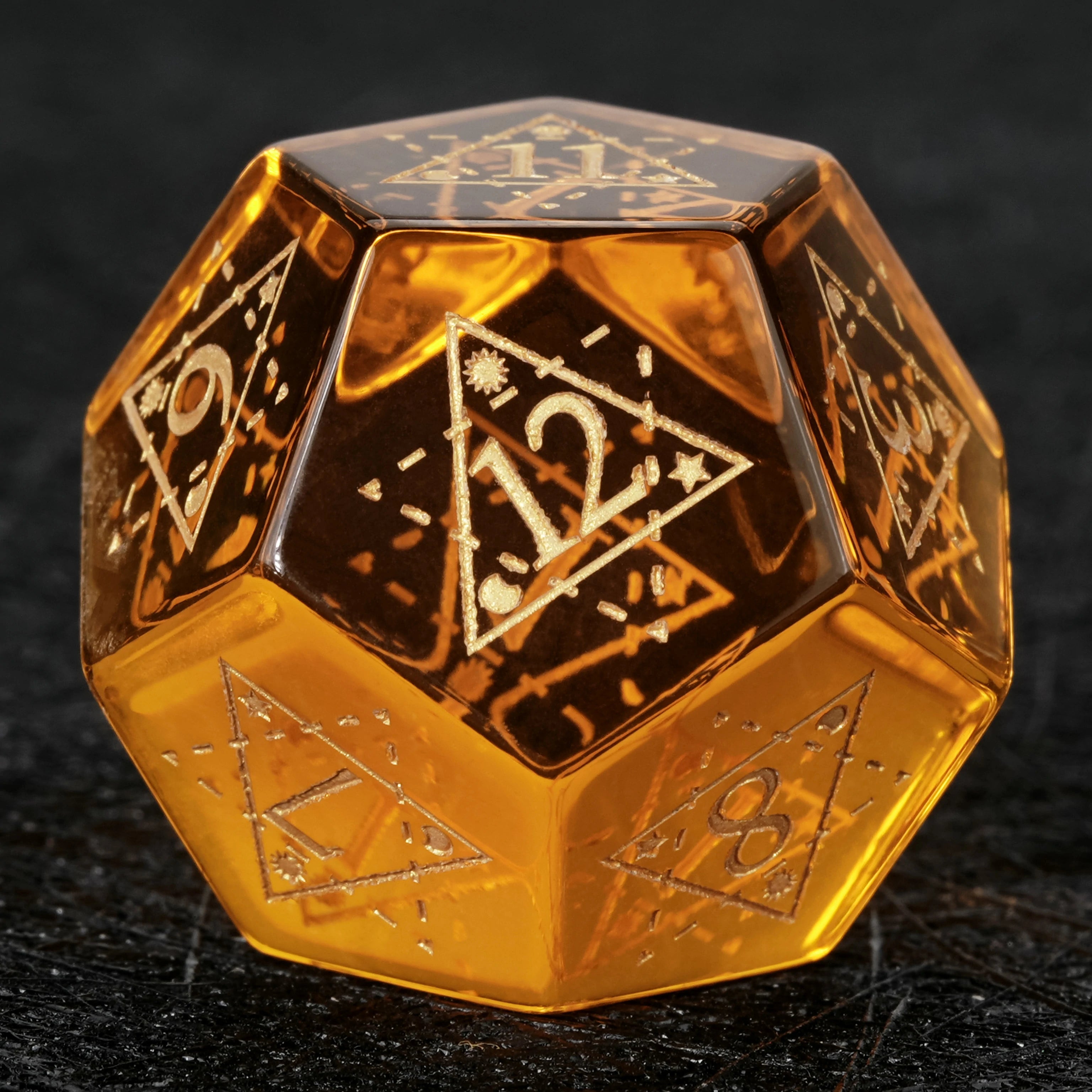 Orange Glass Dice Set with Gold Starburst Constellation Patterns