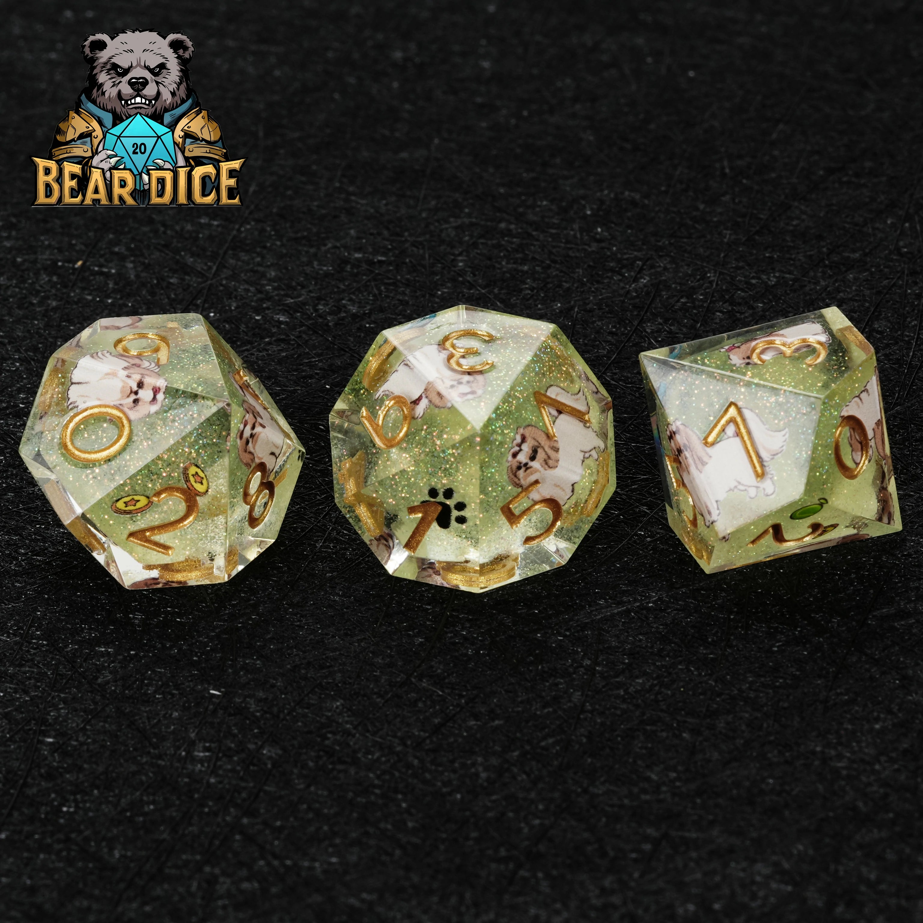 Green Glitter Resin Shih Tzu DND D10 Dice | Cute Dog RPG Dice