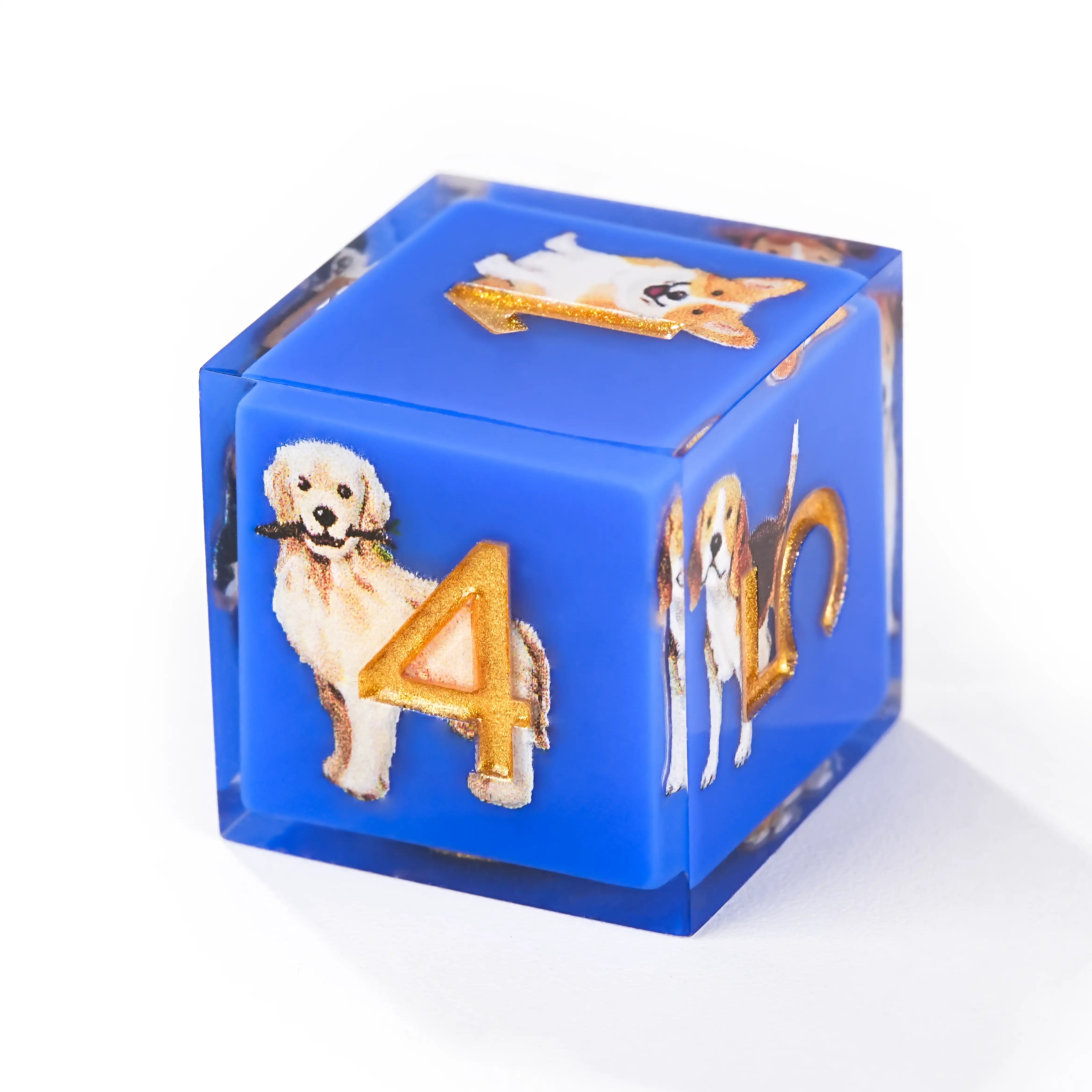Colorful blue transparent resin cute dog pattern dice set + gold font