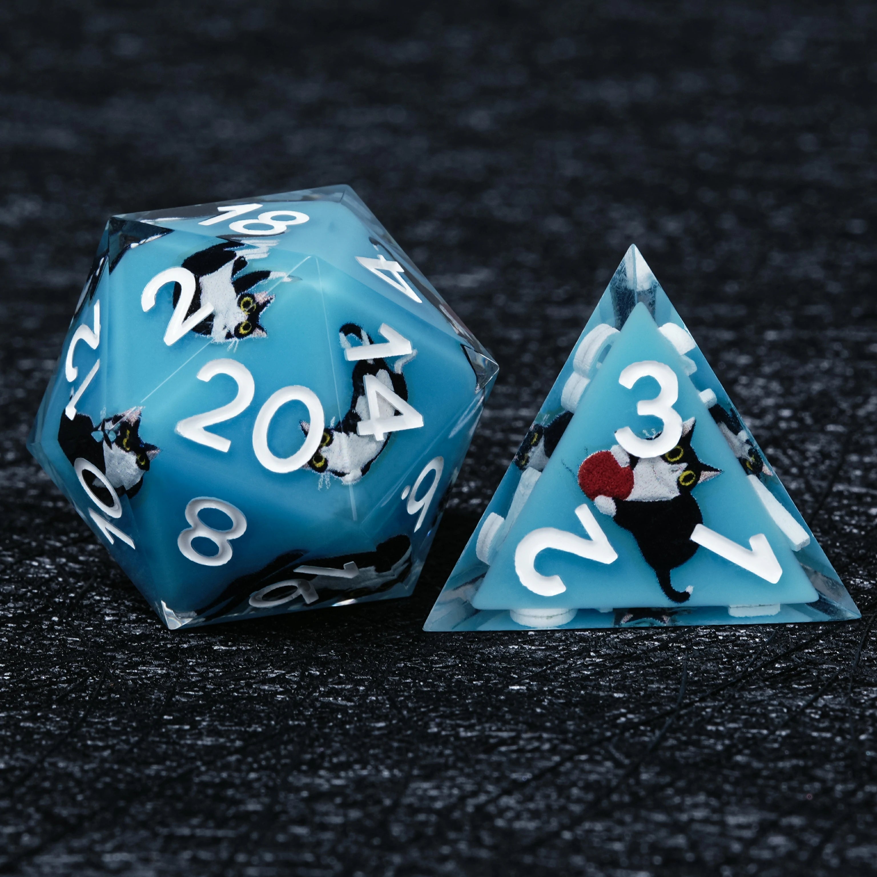 Black Cat Resin Dice Set | Light Blue DnD Dice with White Numbers