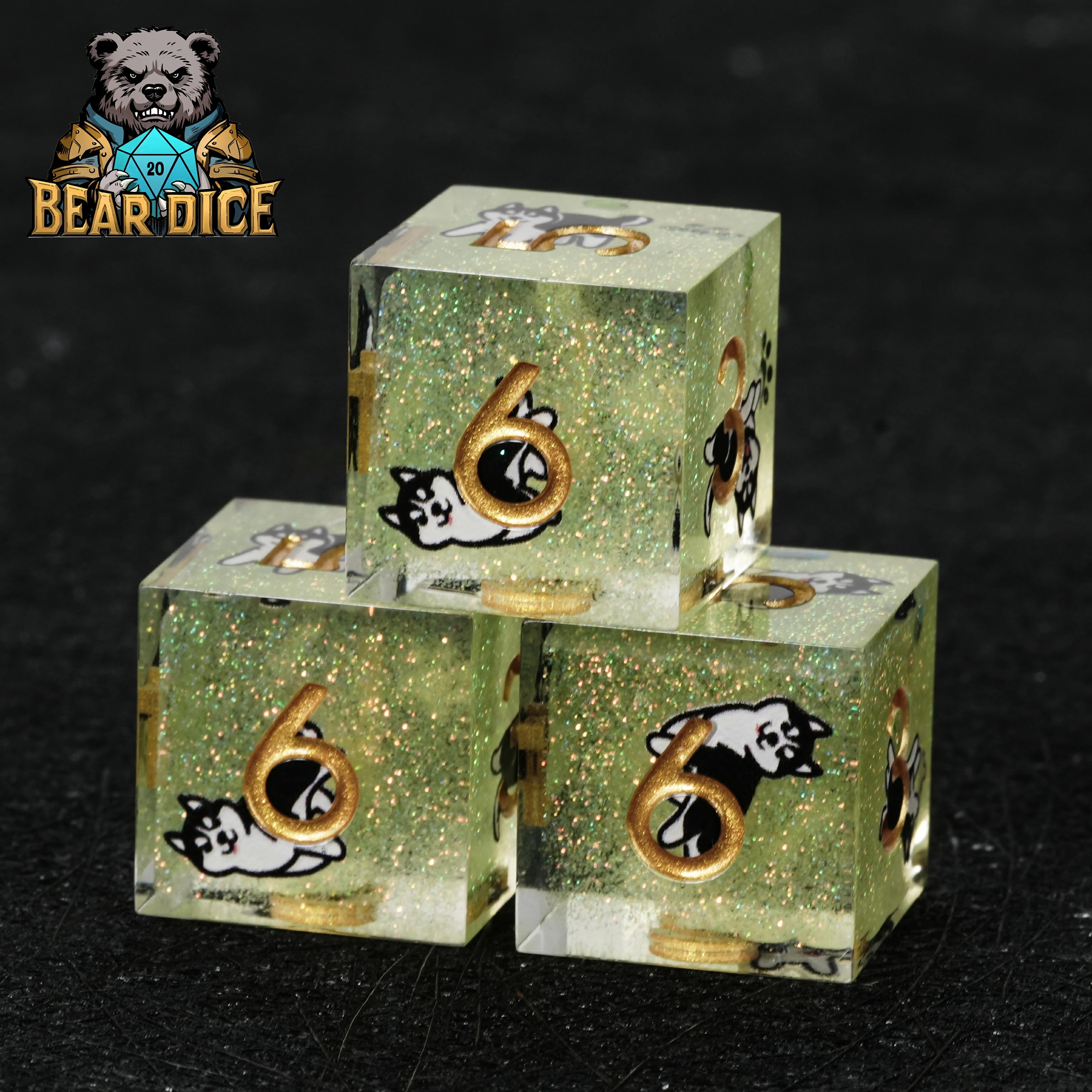 Husky Green Glitter Resin DND D6 Dice Set for D&D RPG Tabletop Games