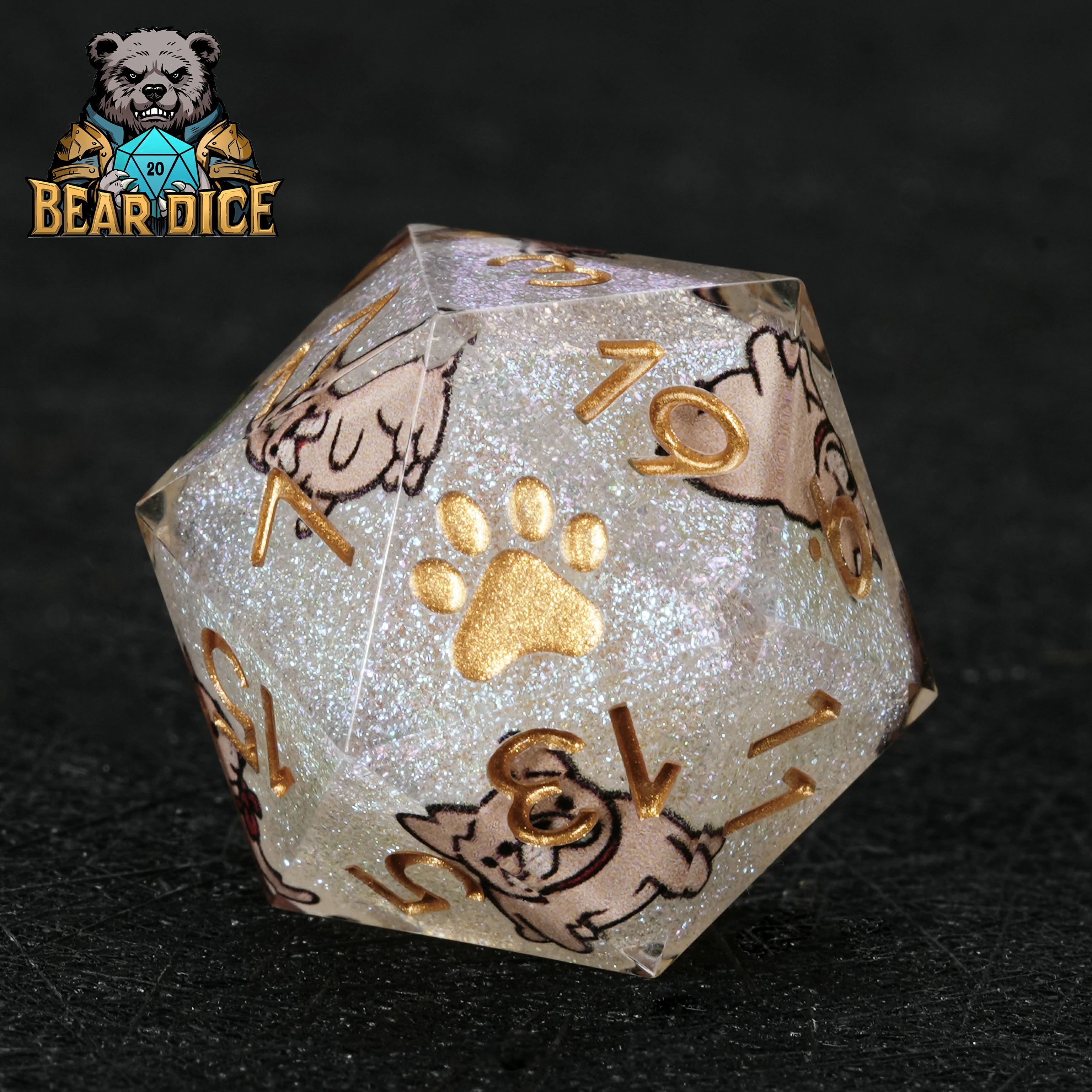 Bulldog White Glitter Resin D&D D20 Dice