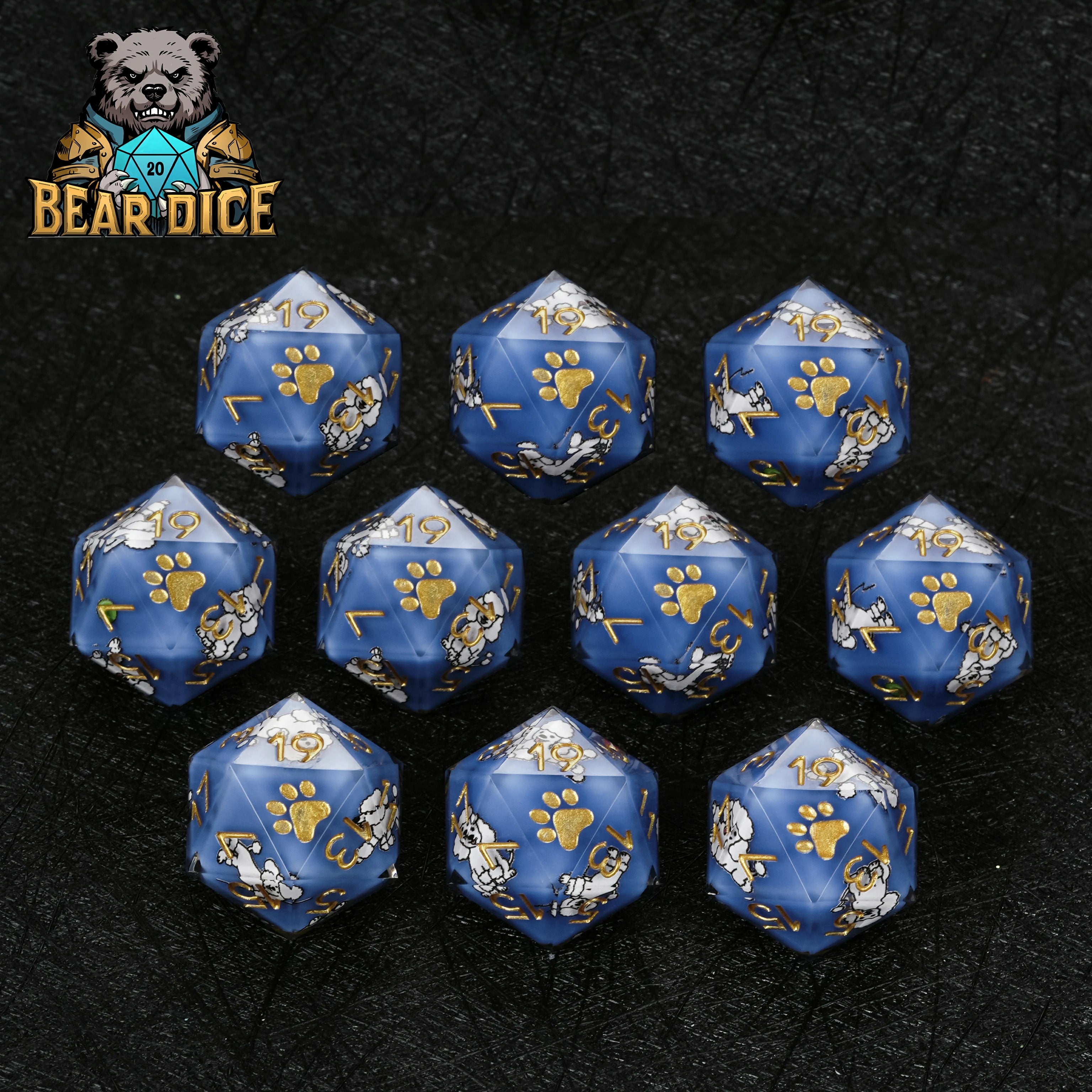 Blue Resin Poodle D20 Dice – DND D20 Dice with Cute Dog Design for Tabletop RPG