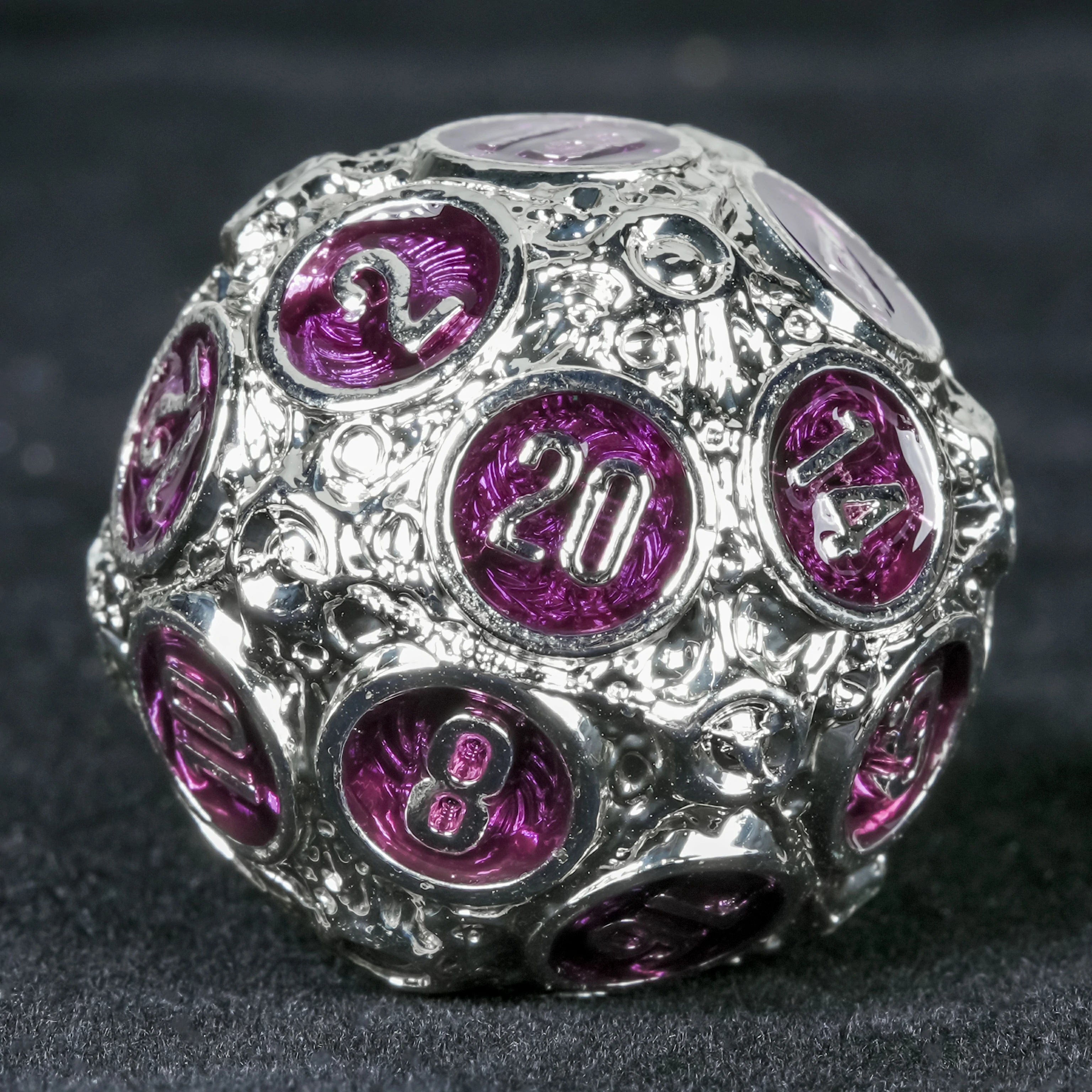 Spherical Planet Metal Dice Set – 7-Piece Silver & Purple RPG Dice