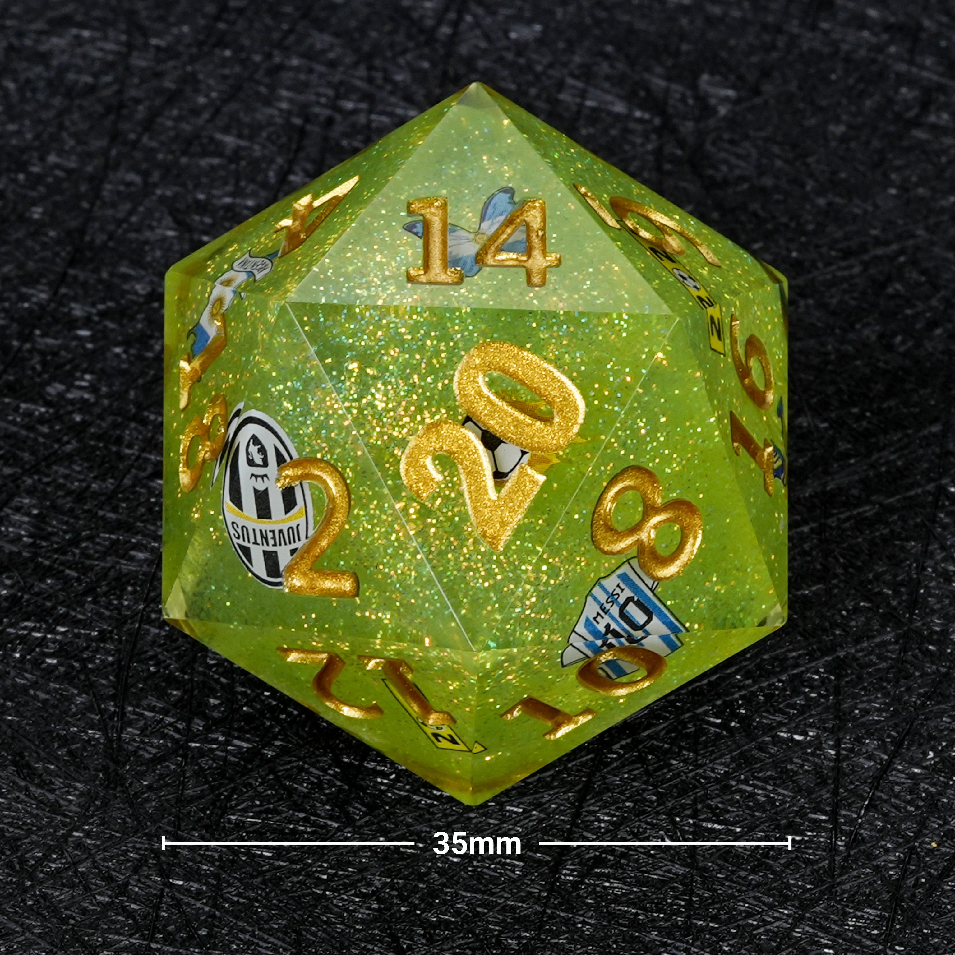 35mm Large D20 Dice – World Cup Argentina Soccer Green Glitter Resin