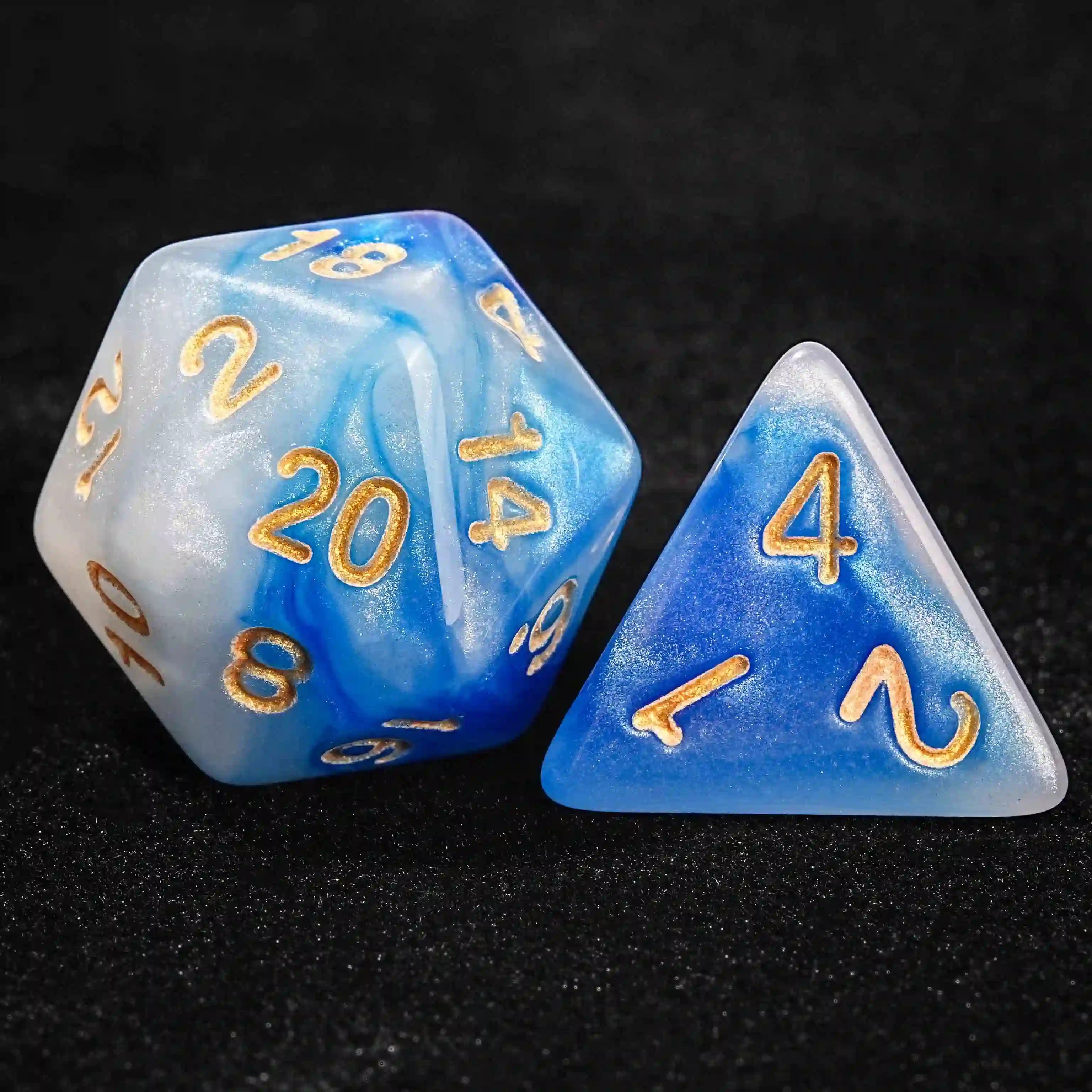 Blue and white vortex acrylic DND D20 dice、D4 dice + gold number | Bear Dice