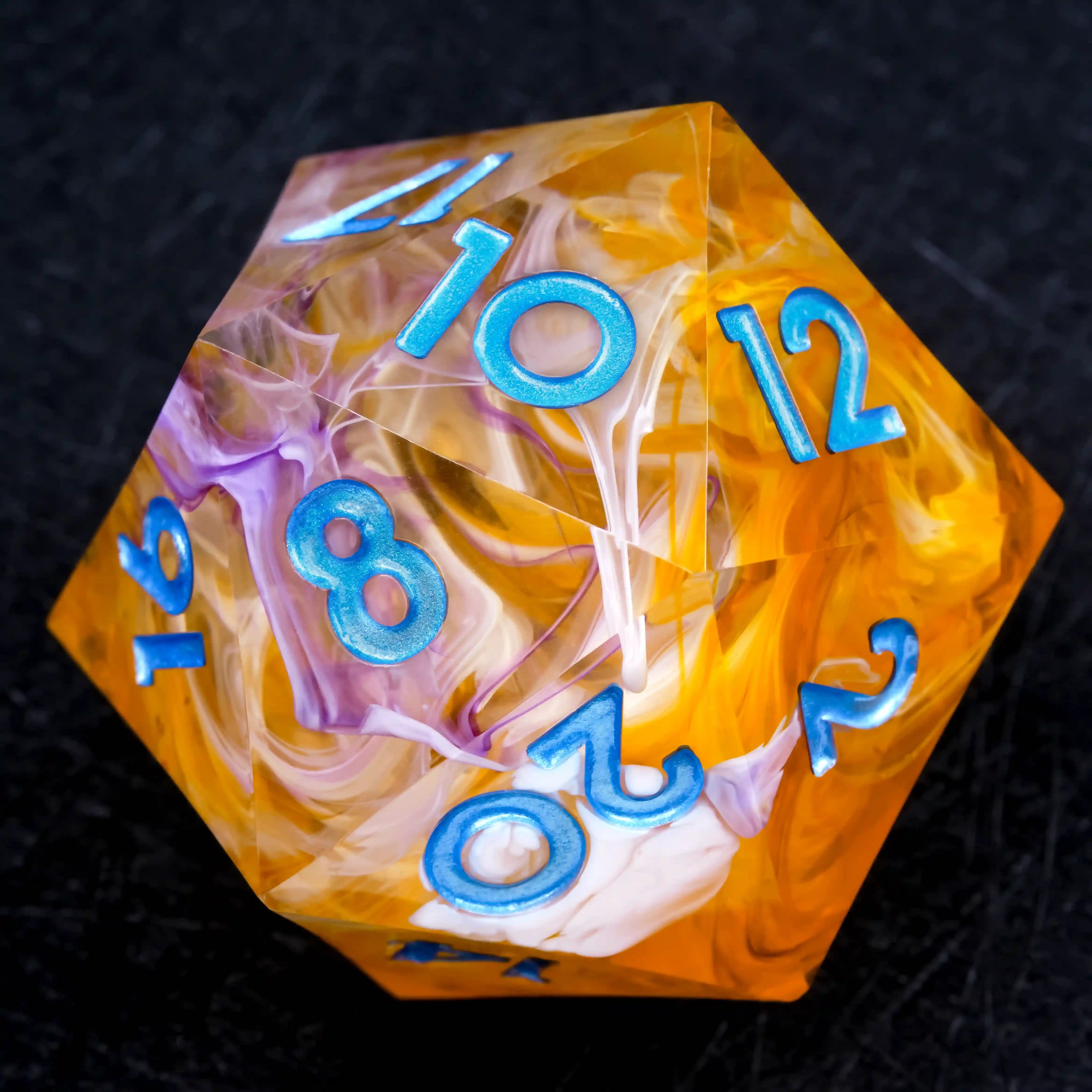 35mm Yellow Swirl Transparent Resin D20 Dice – Blue Numbers | Bear Dice