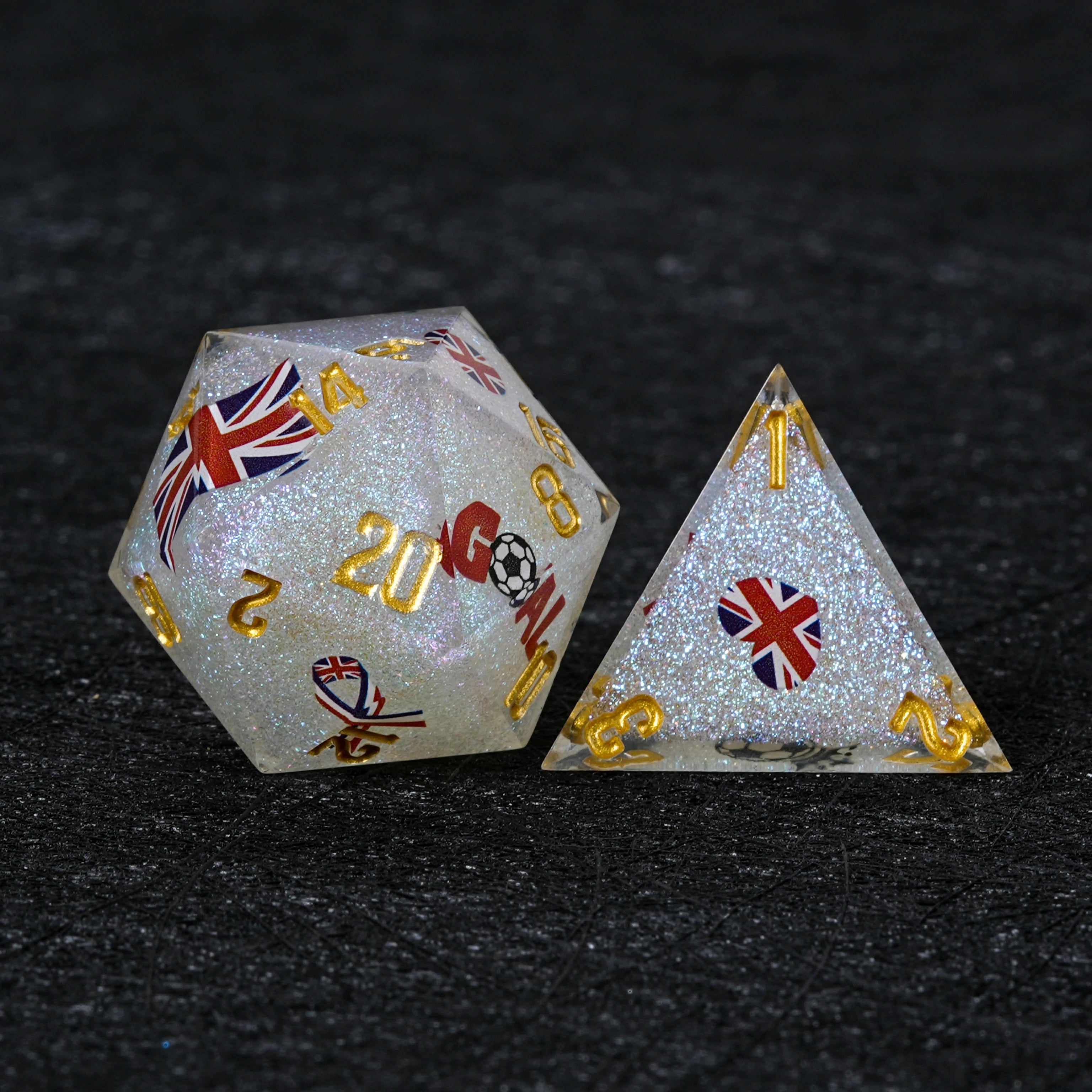 UK Football World Cup Resin Dice Set – White Glitter | 7-Piece RPG Dice