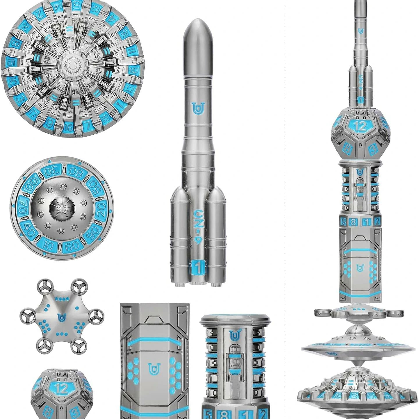 Space Rocket & Station Metal Dice Set | Sci-Fi Metal Dice for RPG
