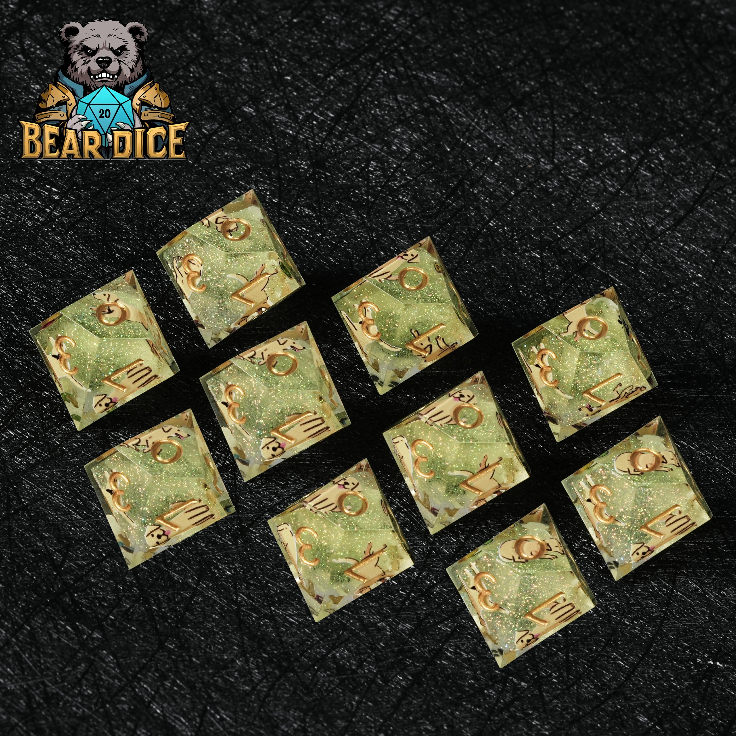 Labrador Green Glitter Resin DND D10 Dice Set | RPG Polyhedral Dice with Dog Art