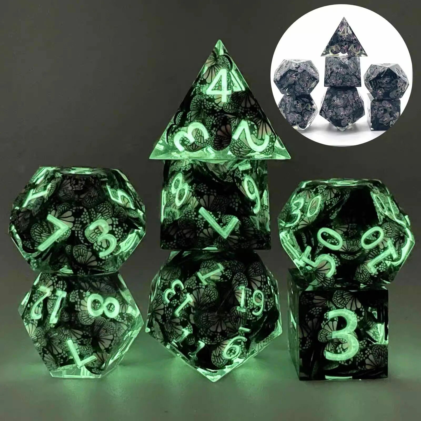 Glow-in-the-Dark Butterfly Transparent Resin DND Dice Set | 7-Piece RPG Dice