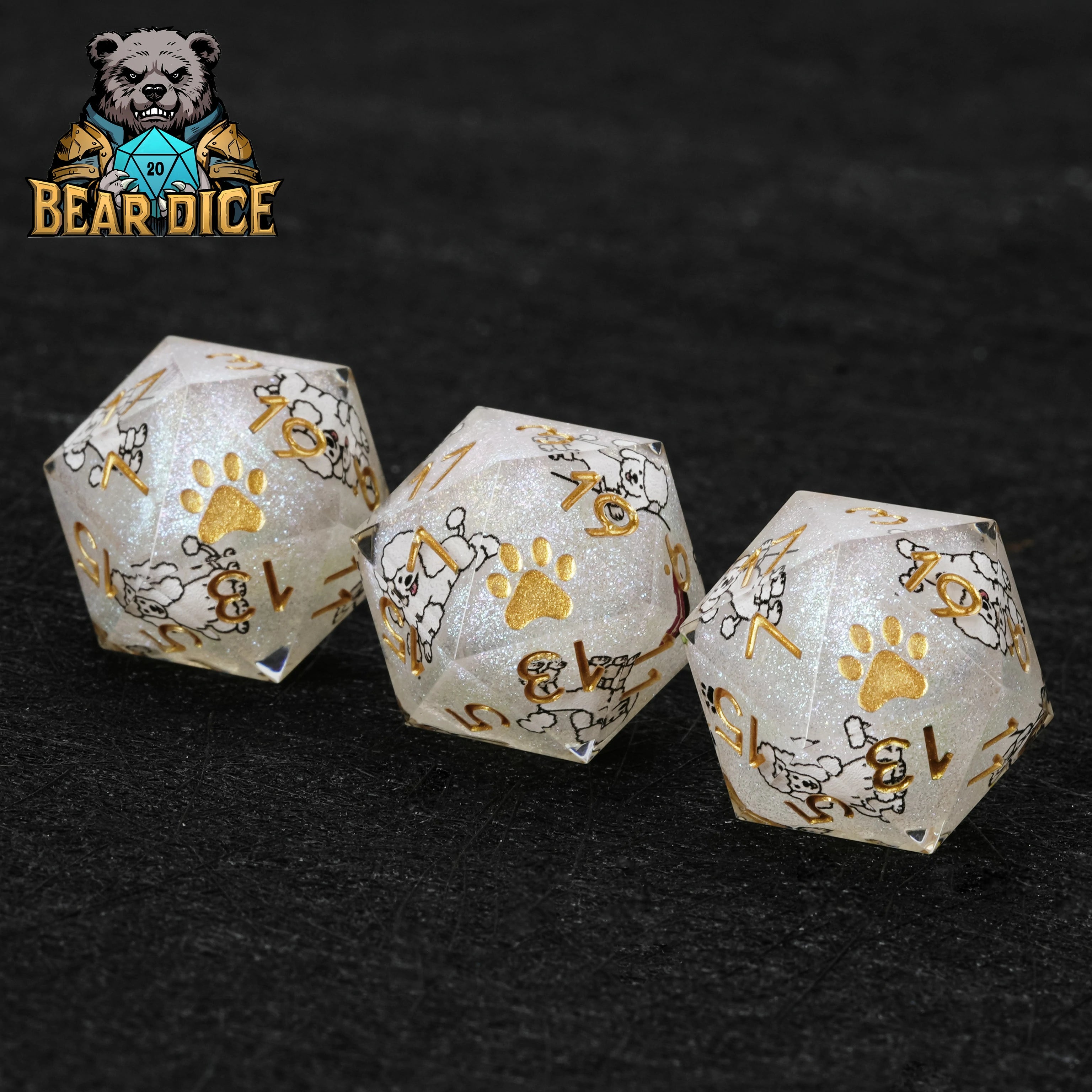 White Glitter Resin Poodle DND Dice Set | Sharp-Edged RPG Dice for D&D & Tabletop Games