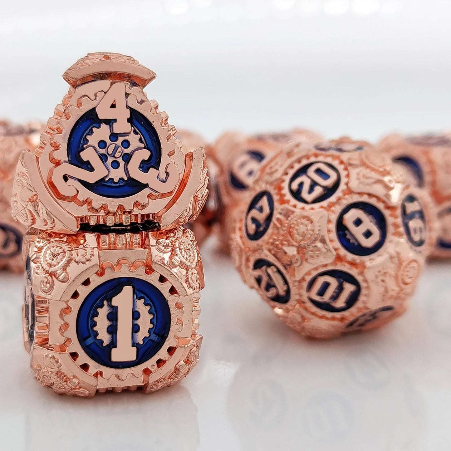 Steampunk Style - Gear Metal DND Dice Set Red Copper Treasure Blue - D4 dice、D6 dice、D20 dice | Bear Dice