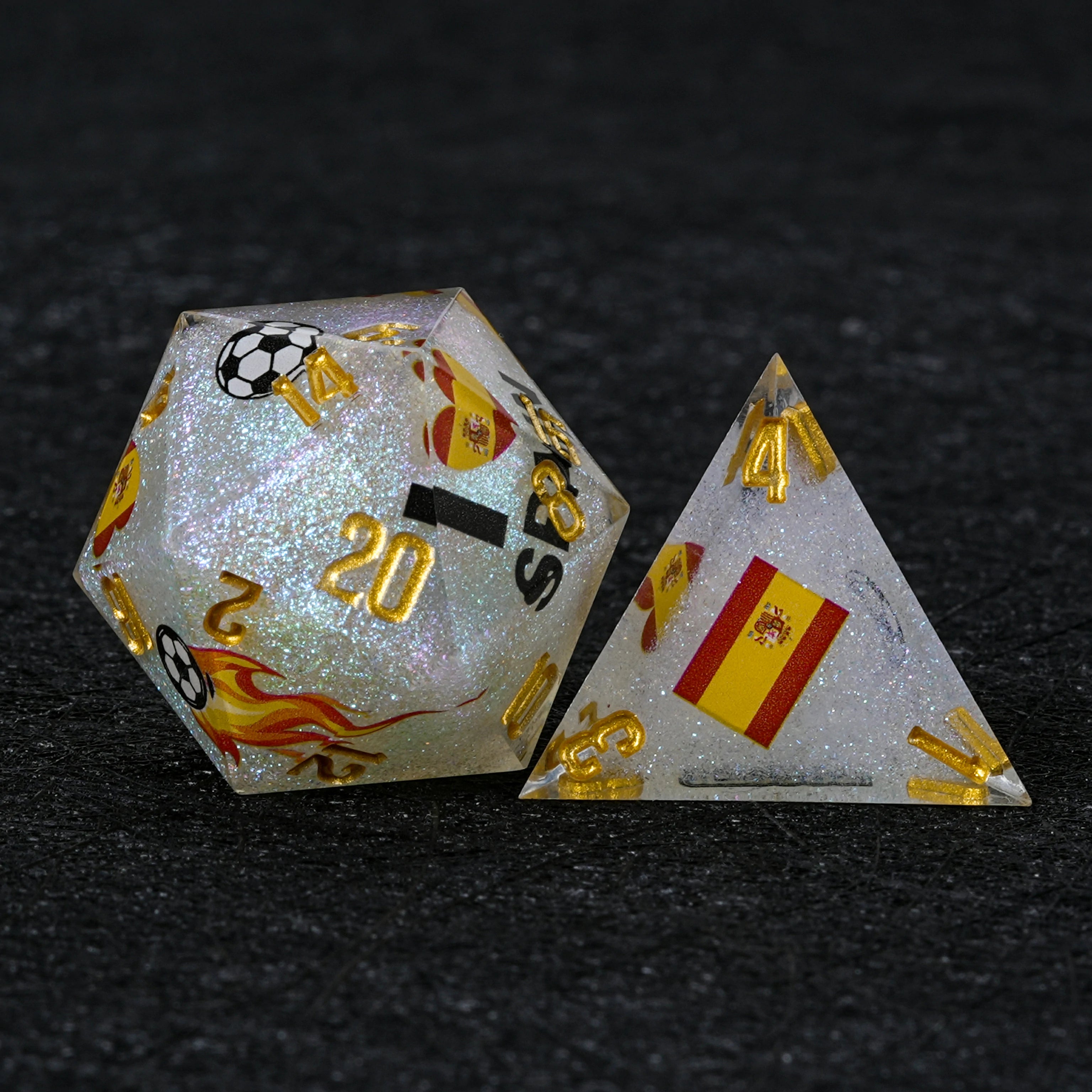 Spain Soccer Resin DND Dice Set – White Glitter World Cup D&D Dice